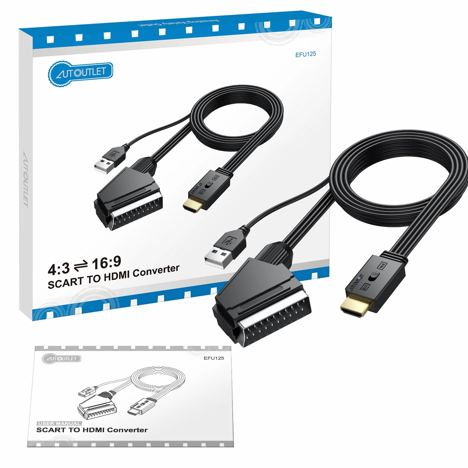 AUTOUTLET Convertitore Scart a HDMI 1080P Supporto Conversione 16:9 4:3 PAL NTSC Adattatore con Cavo 150 cm