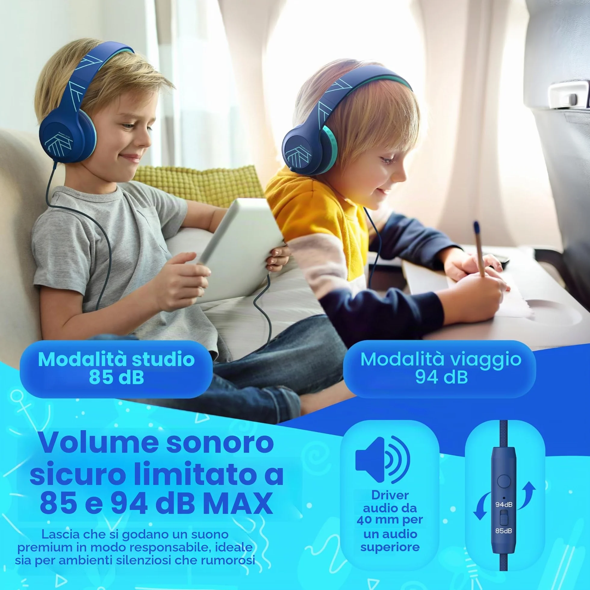 PowerLocus Cuffie per Bambini con Filo, Pieghevoli, Limitazione Volume 85/94dB, 3.5mm Jack, Microfono, Hi-Fi Stereo per Telefono/Viaggio/PC (Blu)