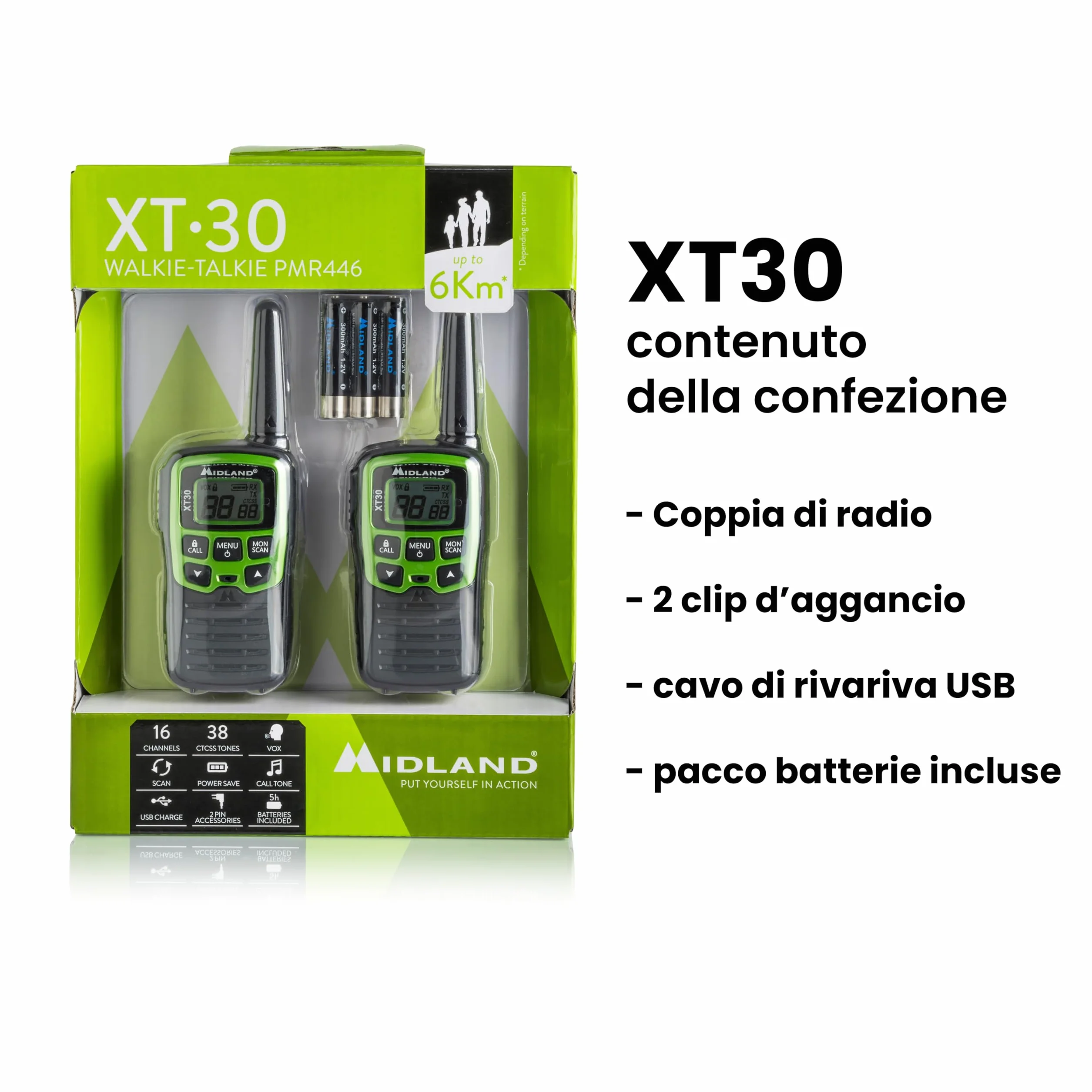 Midland XT30 Walkie Talkie Ricaricabili USB 16 Canali PMR446 5H 6km 38 Toni CTCSS VOX