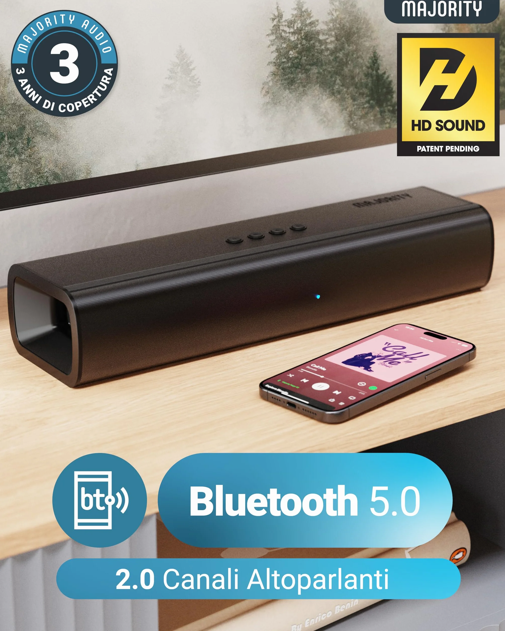 Majority Soundbar Bluetooth TV Naga 40 80W Suono Surround 3D Compatto HDMI ARC Ottico AUX USB Montaggio a Parete Telecomando Staffe Inclusi