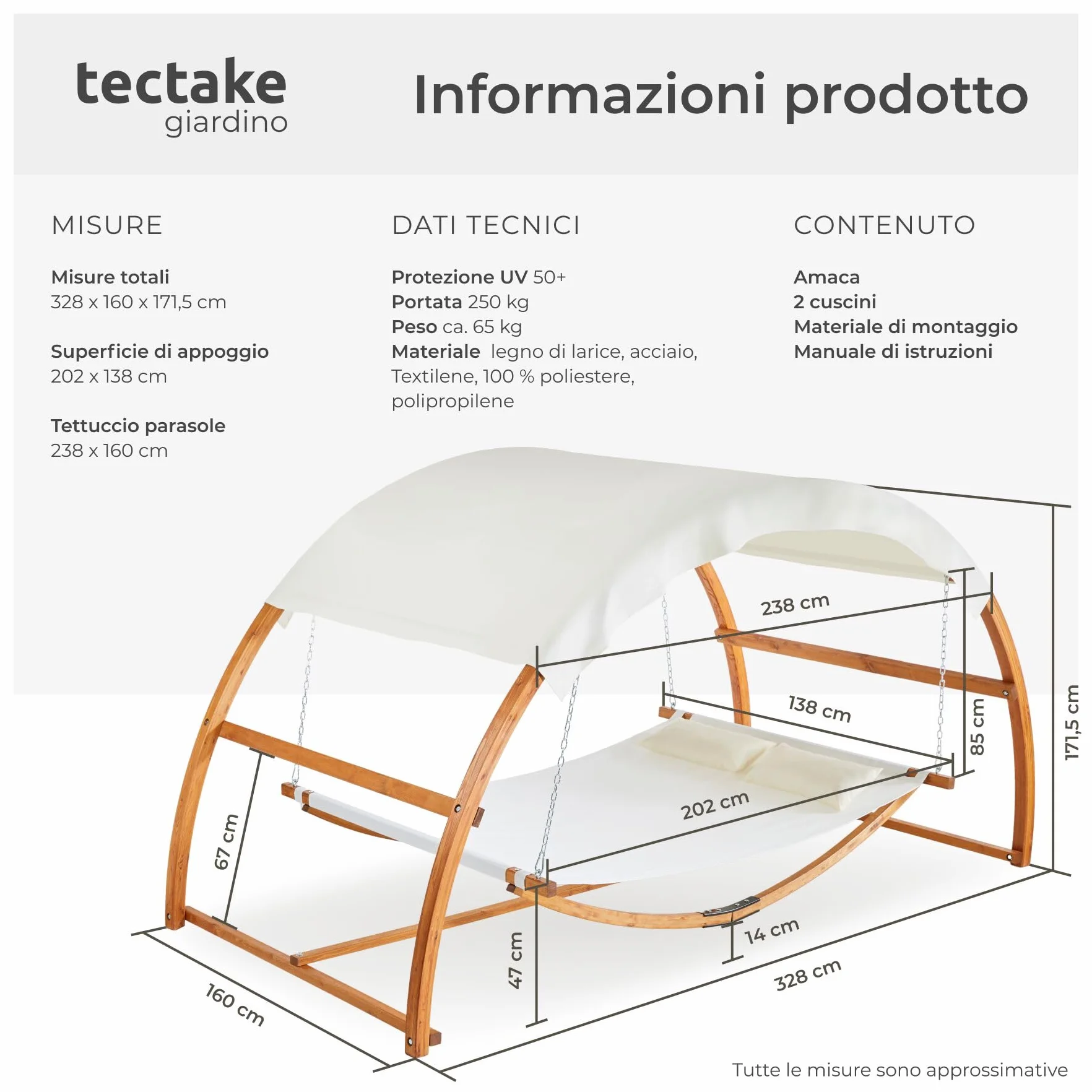 tectake® Amaca da Esterno per 2 Persone, Amaca XXL con Tettuccio Parasole, Struttura in Legno Robusta, Tessuto Traspirante e Idrorepellente, Inclusi Comodi Cuscini, Teak, 328 x 160 x 171,5 cm