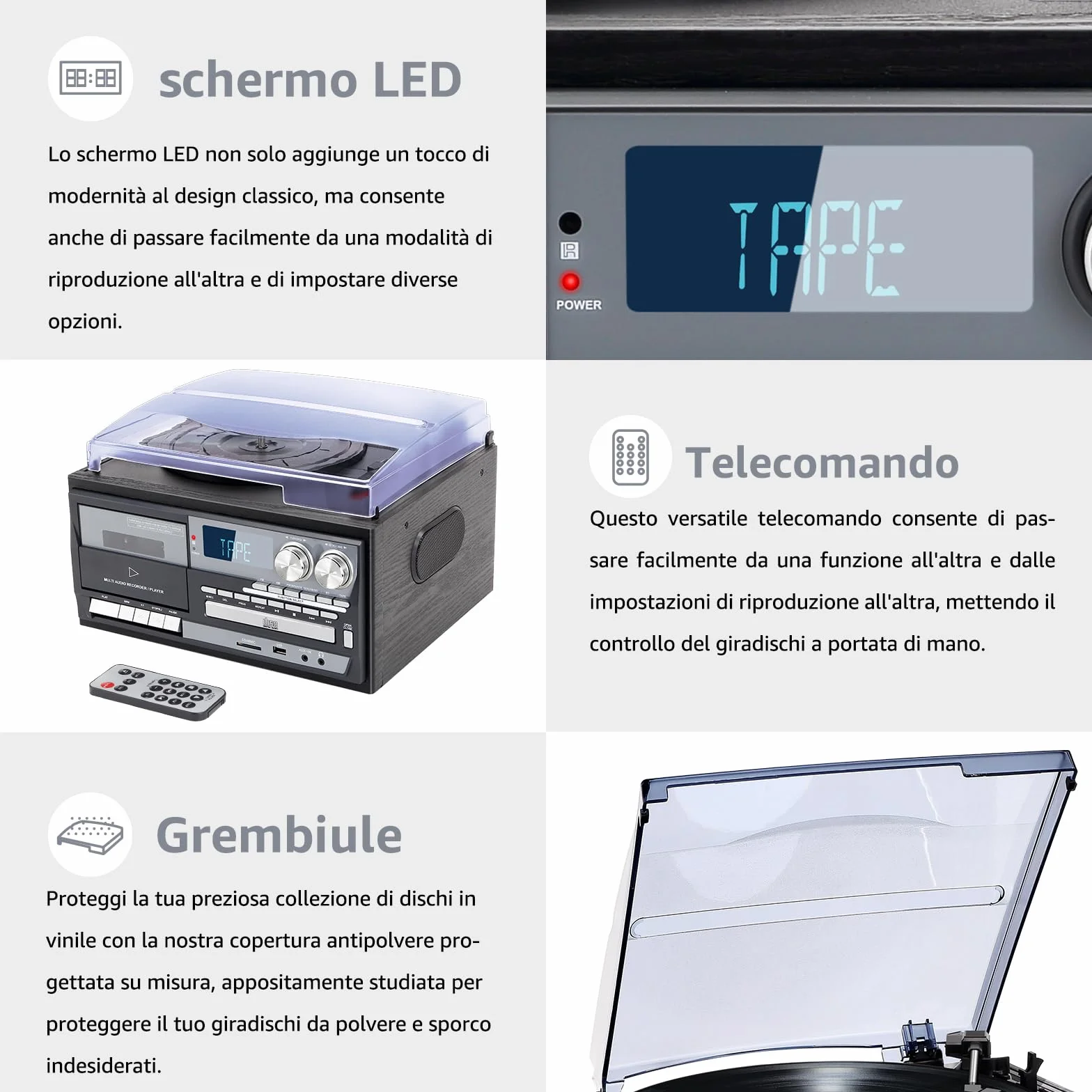 Giradischi Vintage 9 in 1 con Bluetooth, 3 Velocità, Lettore CD e Cassette, Radio AM/FM