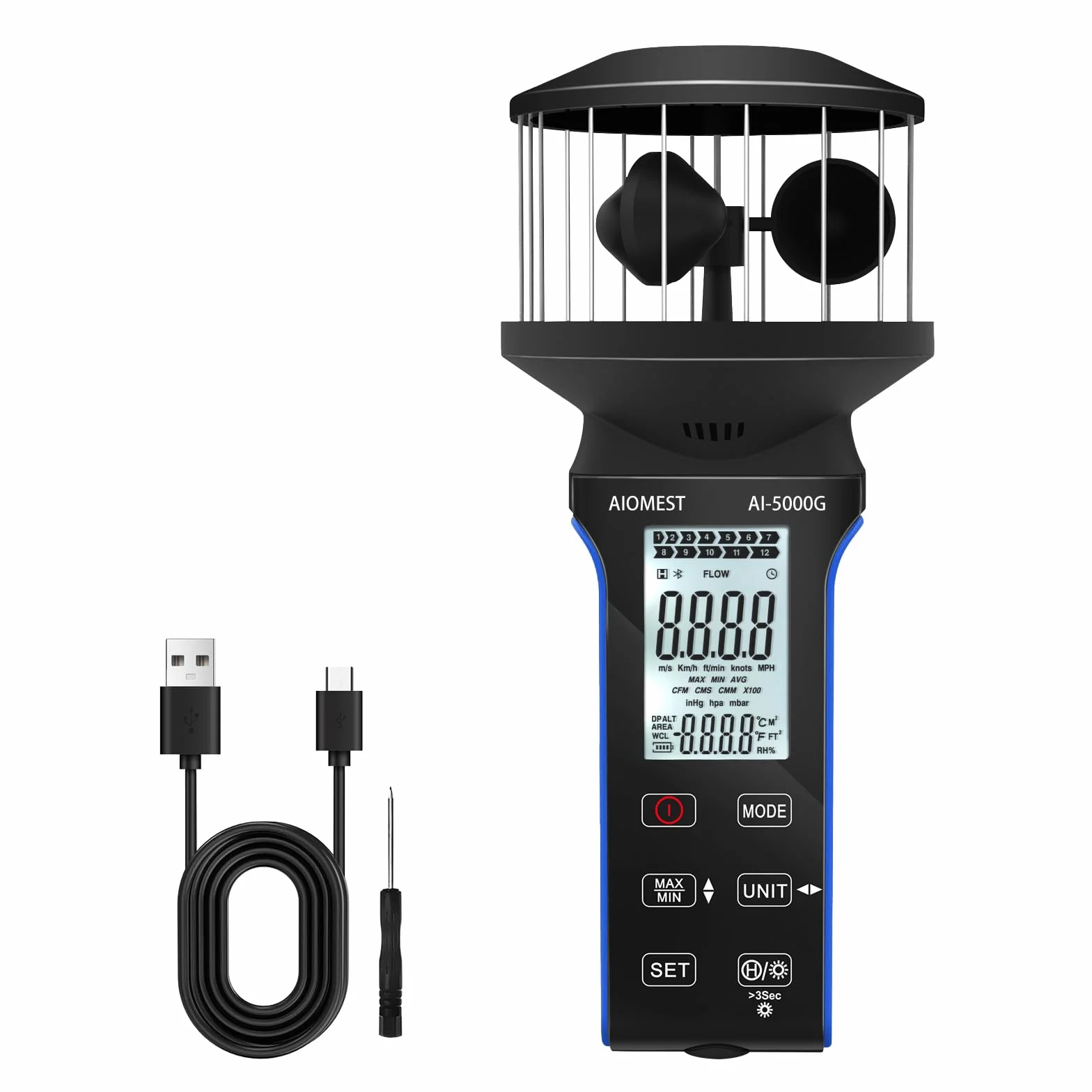 AIOMEST Anemometro Digitale Portatile, Misuratore di Velocità del Vento a 4 Tazze a 360°, Anemometro ad Alta Precisione ±5% con Temperatura (℃/℉), MAX/AVG per Riprese, Vela, Surf, Drone, AI-5000G