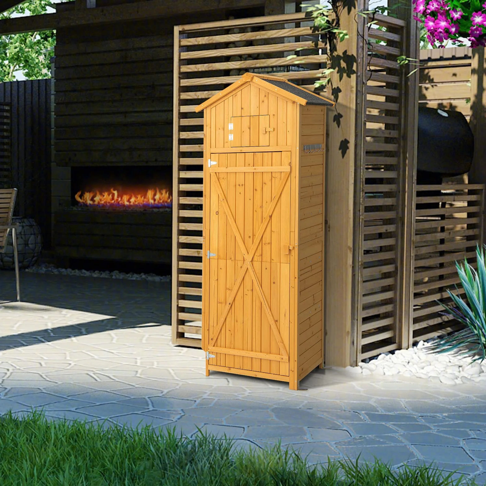 COSTWAY Armadio da Esterno in Legno Capanno da Giardino con Serratura Tavolo Pieghevole Tetto Impermeabile
