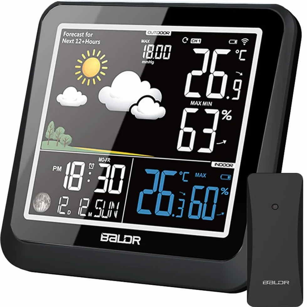 LEVIPE Stazione Meteo con Sensore Esterno Senza Fili – Stazione Meteorologica Wireless con Display a Colori, Previsioni del Tempo, Temperatura Interna/Esterna, Umidità, Orologio Atomico, Fasi Lunari