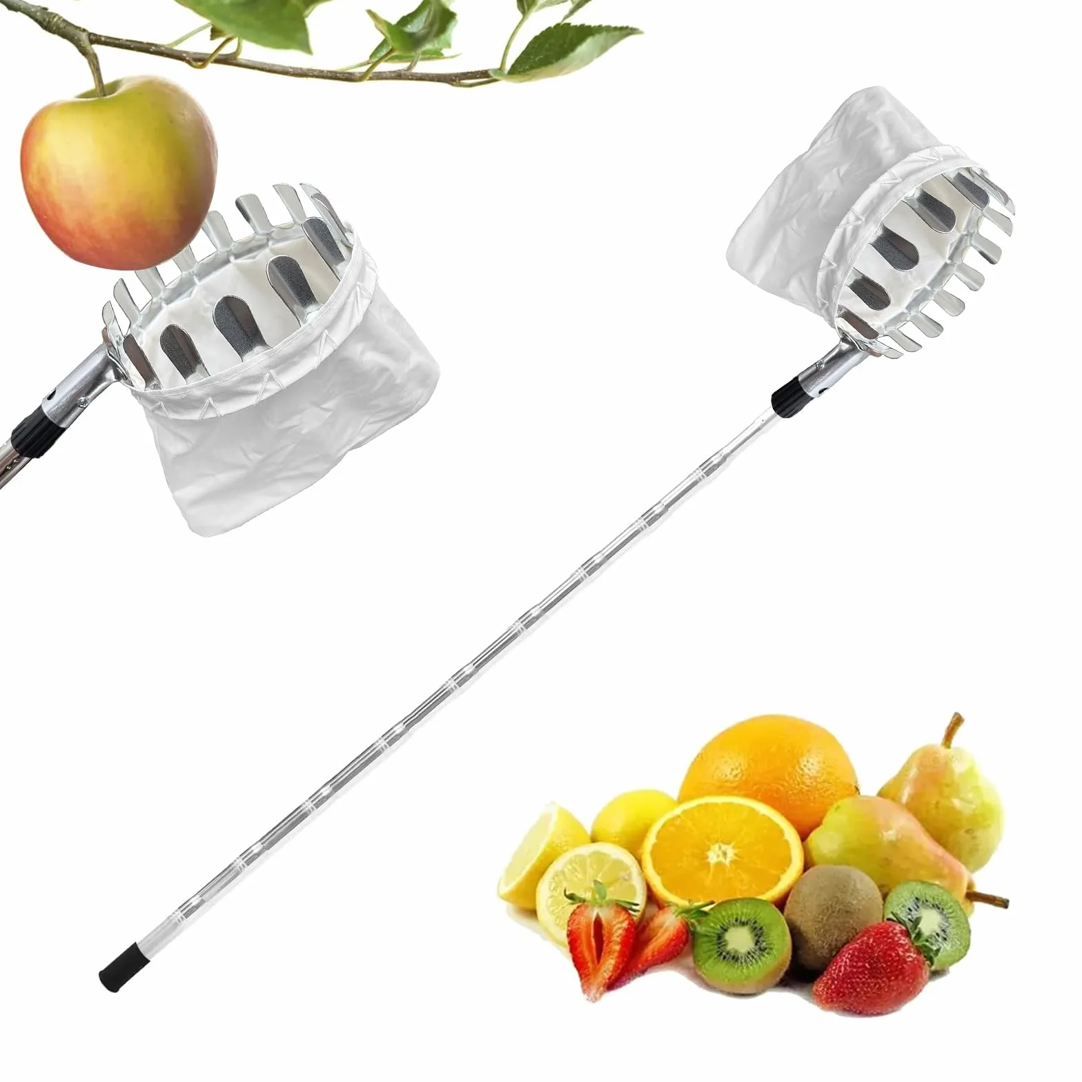Raccolta di frutta, telescopica per frutta, in acciaio inox, lunga, per frutteti, raccolta di mele, raccolta di ciliegie, con sacchetto di cotone (acciaio inossidabile, 4,2 m)