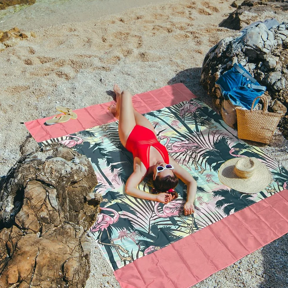 Coperta da Spiaggia Impermeabile 280x300 cm Telo Anti Sabbia con Picchetti Leggera Portatile