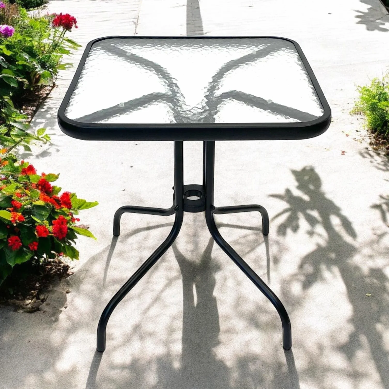 Tavolo Quadrato 60x60 cm Giardino Balcone Vetro Temperato 4 mm Acciaio Nero Interno Esterno