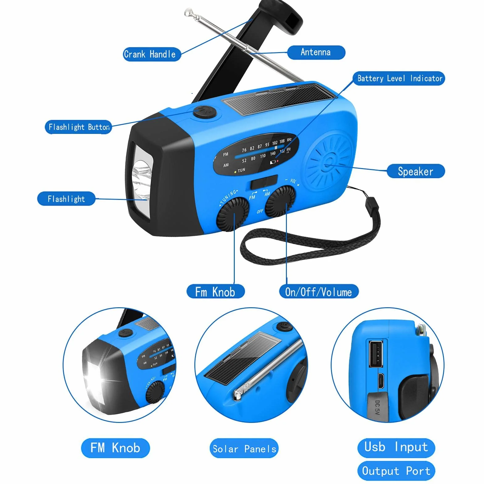 Radio meteorologica di emergenza solare a manovella AM/FM con batteria 2000 mAh e torcia LED