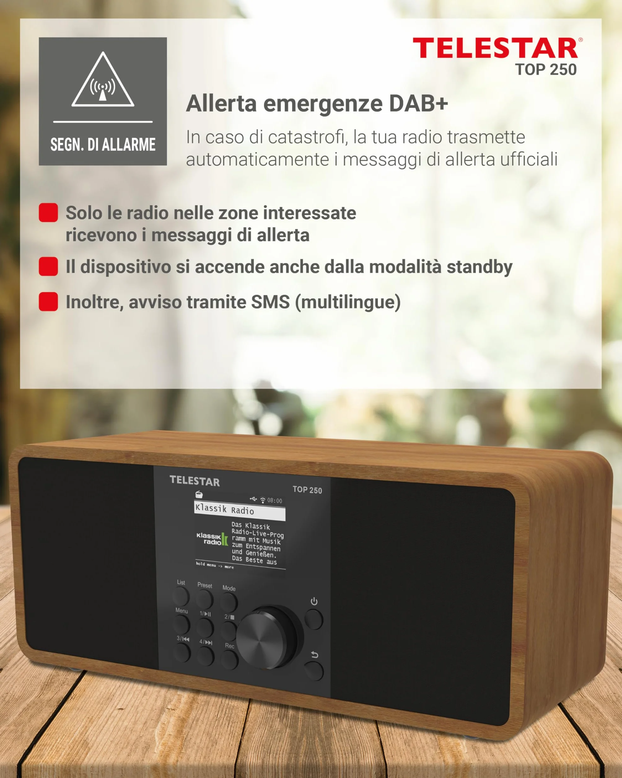 TELESTAR TOP 250 Radio DAB+ Internet Bluetooth Audio-Streaming 2x10W USB registrazione Legno