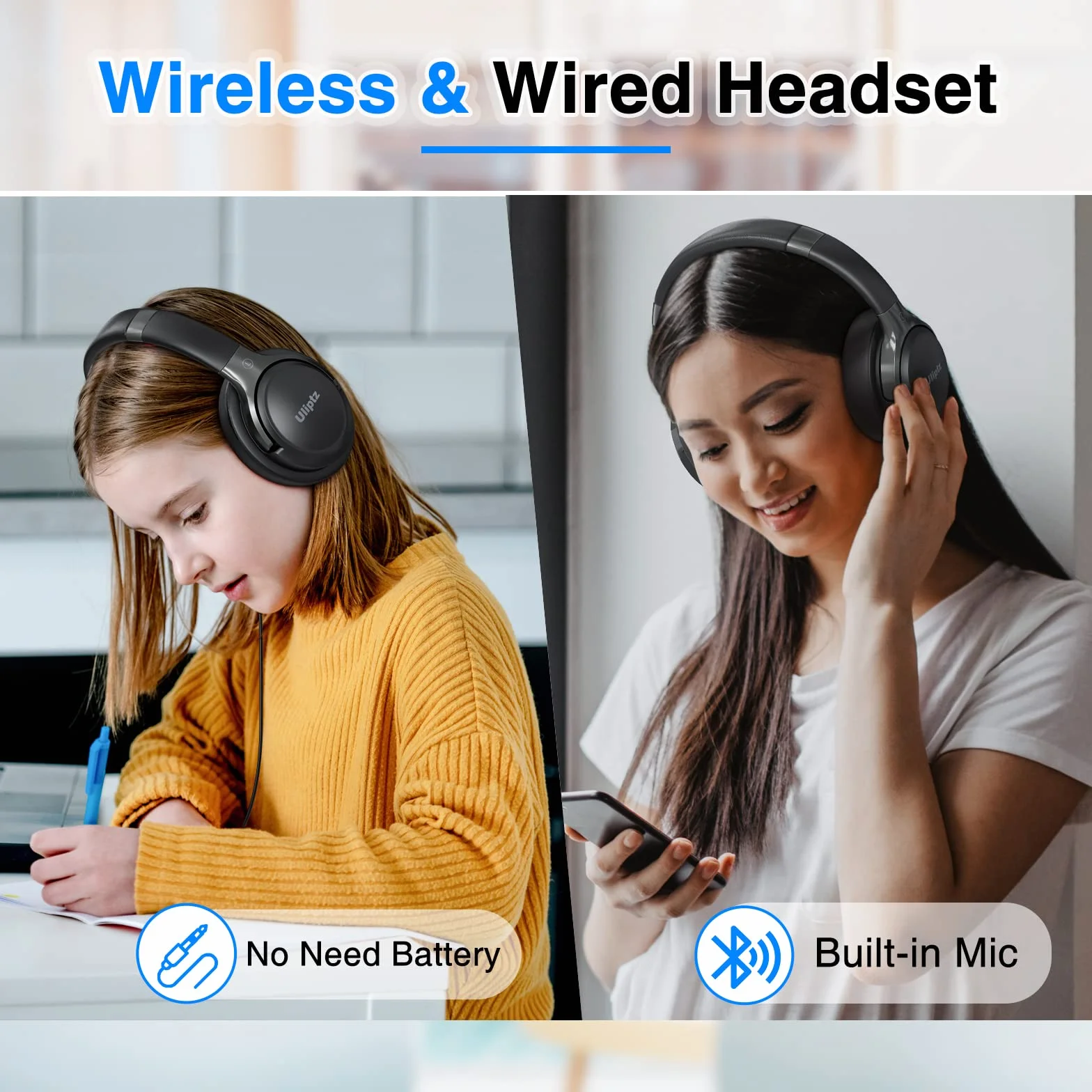 Uliptz Cuffie Wireless Bluetooth, 65 Ore Riproduzione, 6 EQ, Stereo HiFi Over Ear con Microfono, Bluetooth 6.0, Nero