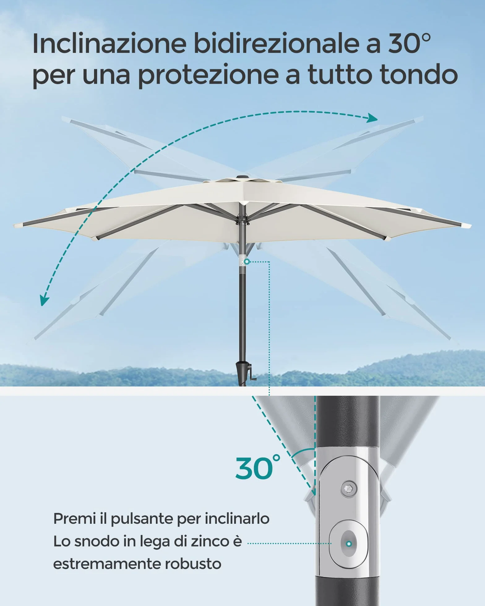 SONGMICS Ombrellone da Giardino 300 cm, UPF 50+, Parasole, Inclinazione Bidirezionale a 30°, Manovella per Apertura/Chiusura, Esterno Terrazzo Balcone Piscina, senza Base, Beige GPU30BE