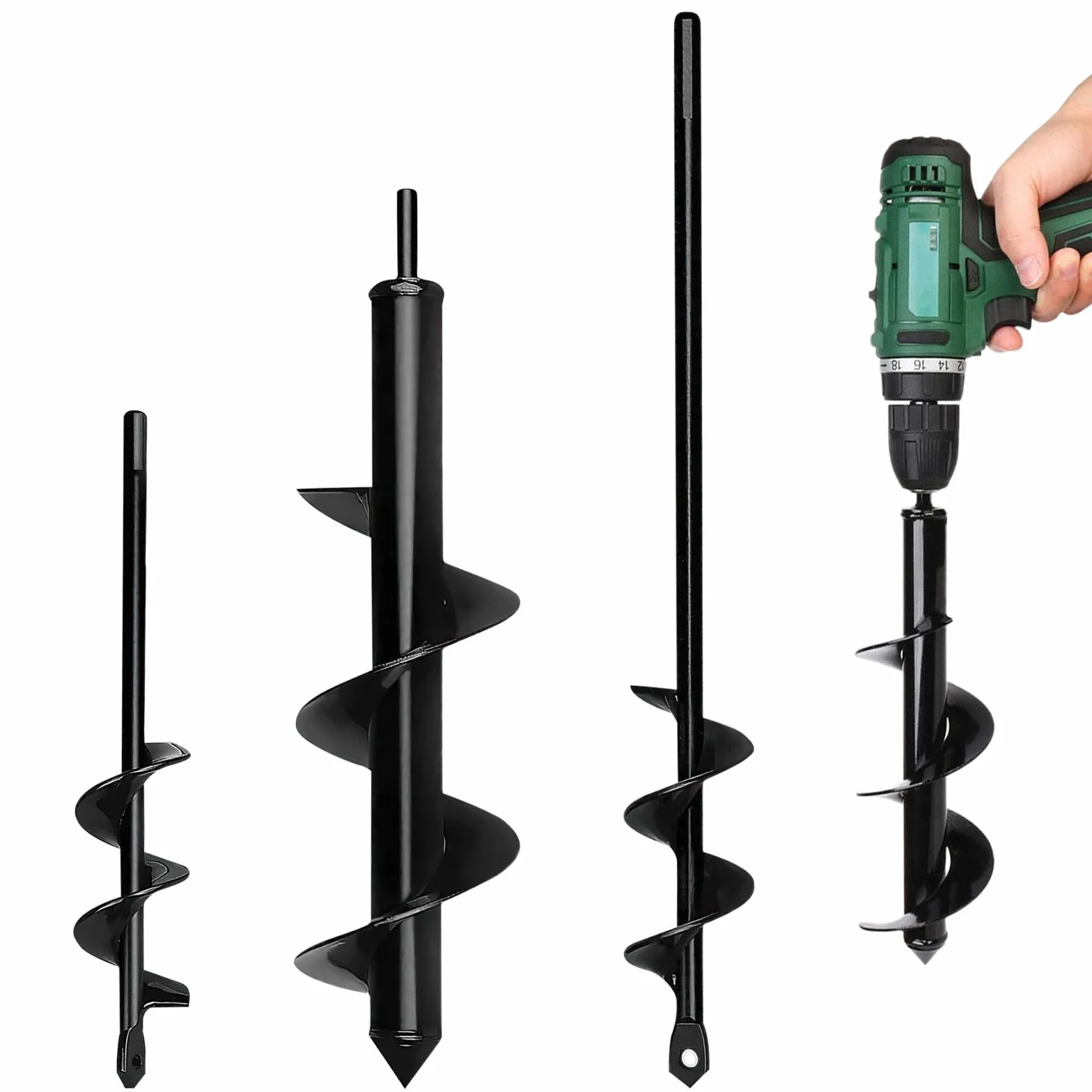 Trivella per Terreno 4,6x37 cm/8x30 cm/4x22 cm, Coclea per Piantare Picchetti, Scavatrice per fori a Coclea per Gambo Esagonale da 3/8"