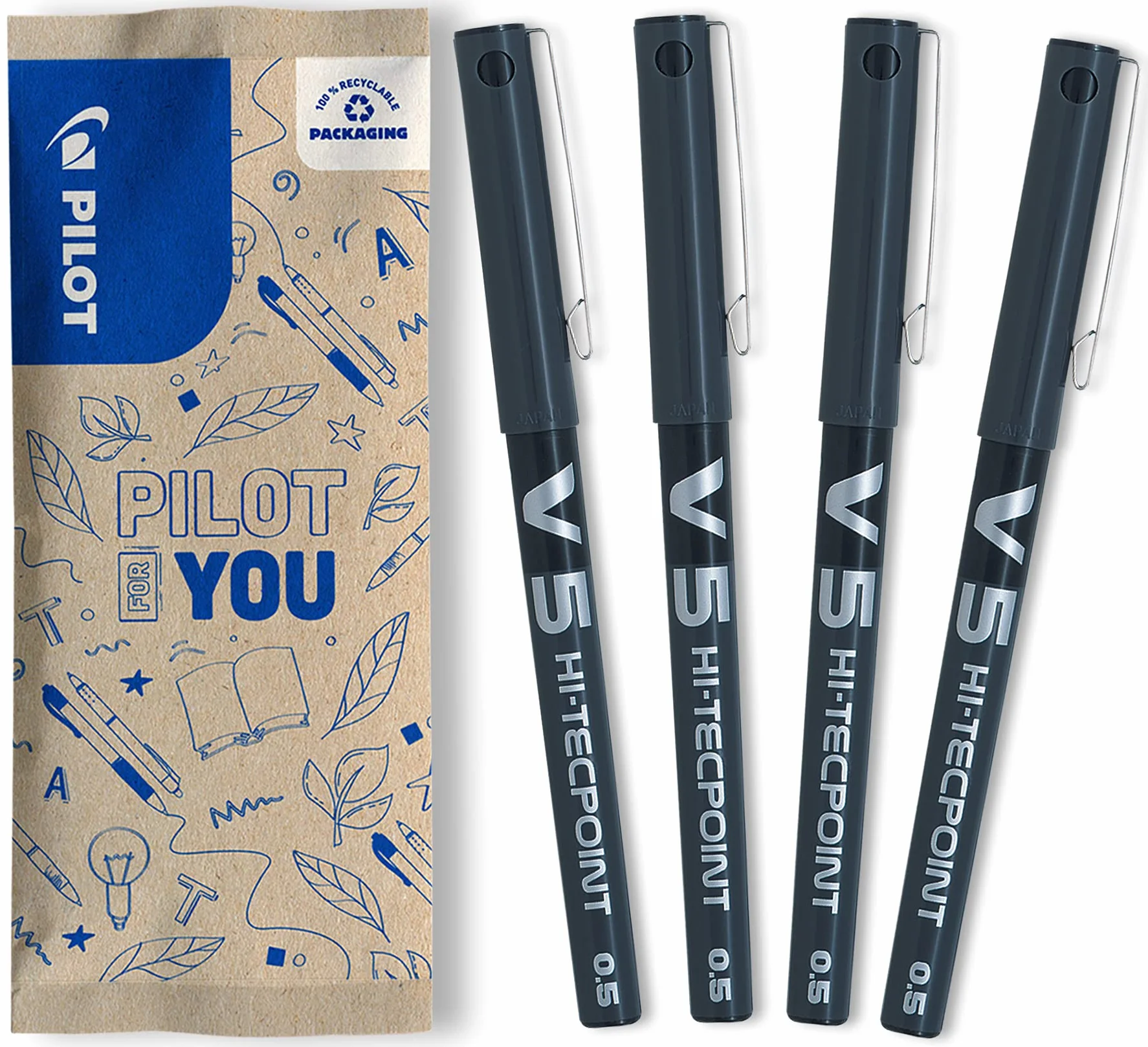 PILOT V5 Penna Roller Inchiostro Liquido Punta Fine 0,5 mm Nero Asciugatura Rapida