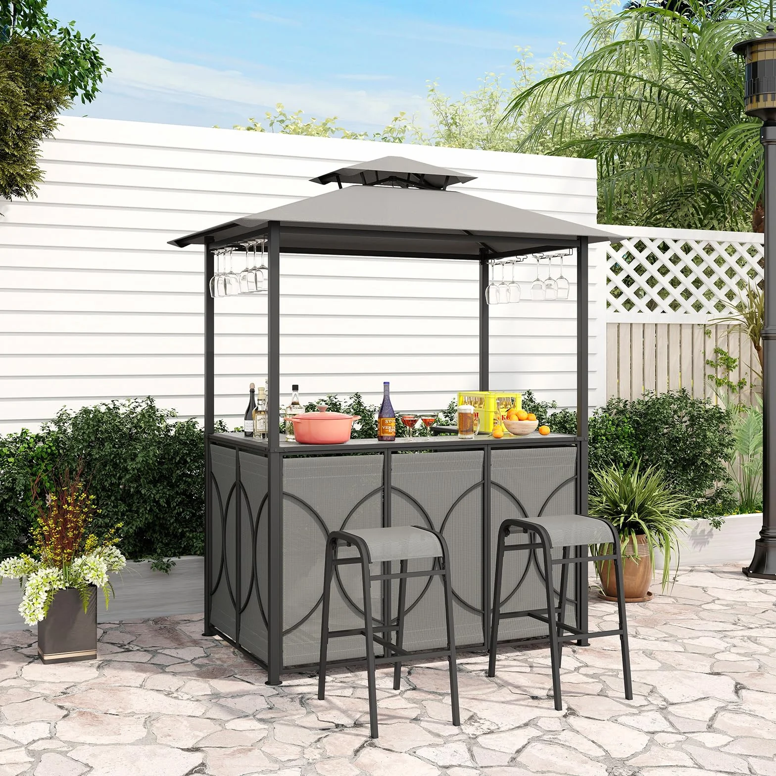 GYMAX Set da Barbecue da Esterno 3 Pezzi con Gazebo per Griglia, Gazebo da Patio con Tavolo da Bar in Vetro Temperato, 2 Sgabelli da Bar, Scaffali di Stoccaggio, Portabevande in Vetro, Gazebo BBQ