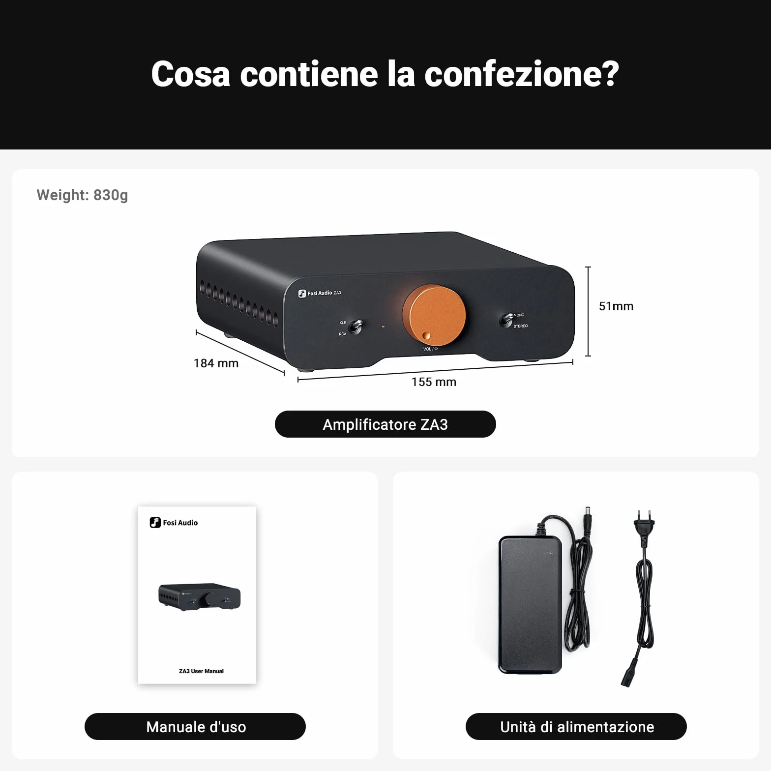 Fosi Audio ZA3 Amplificatore HiFi Stereo/Mono Bilanciato, Mini Amplificatore Audio Monoblocco, XLR RCA 12V Trigger-in, Alimentatore 48V/5A