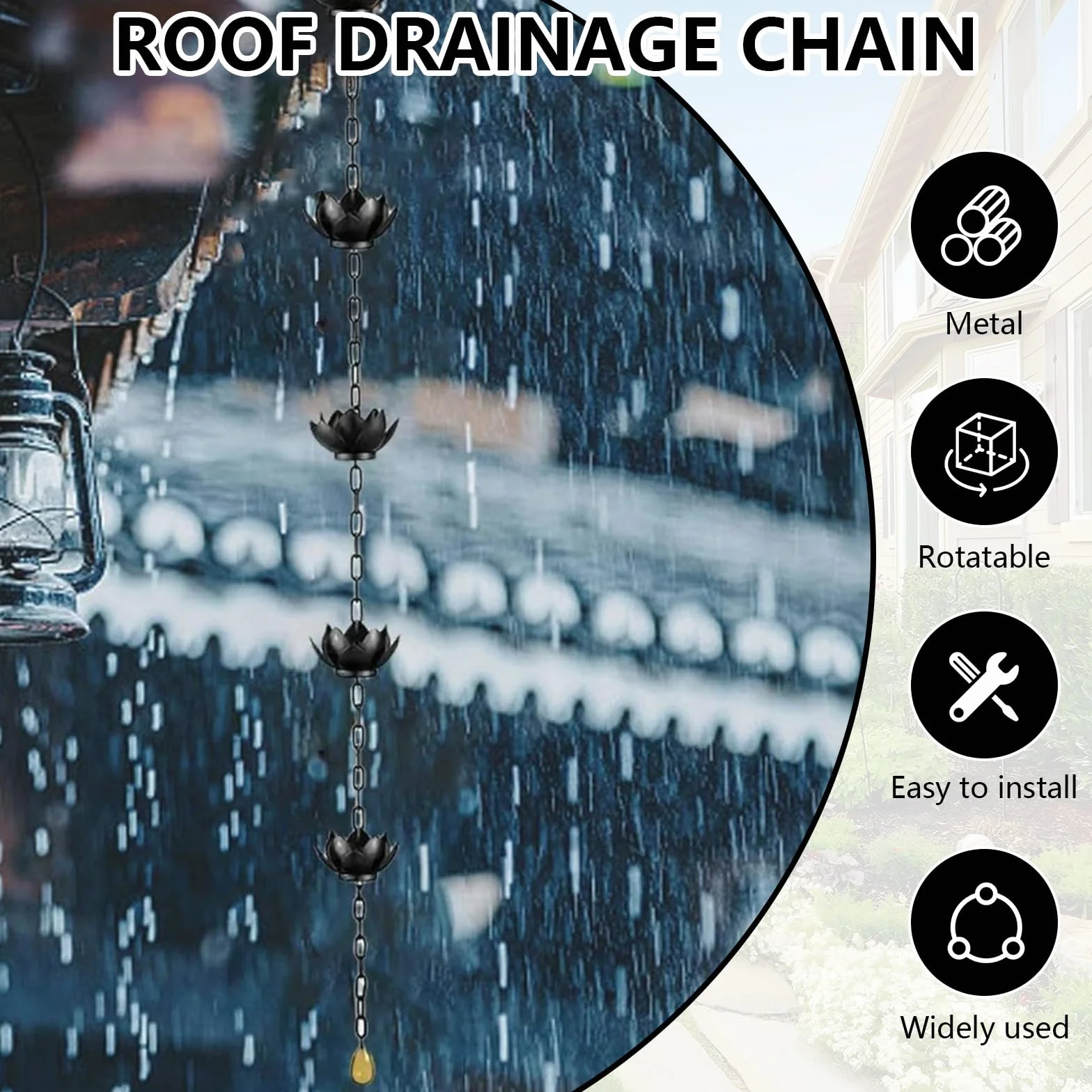 Catena Antipioggia, Catena Nera per Drenaggio dell'Acqua Piovana da 1,2 M A Forma di Loto in Ferro per Decorazioni Esterne per Casa E Giardino Efficiente Drenaggio dell'Acqua Piovana