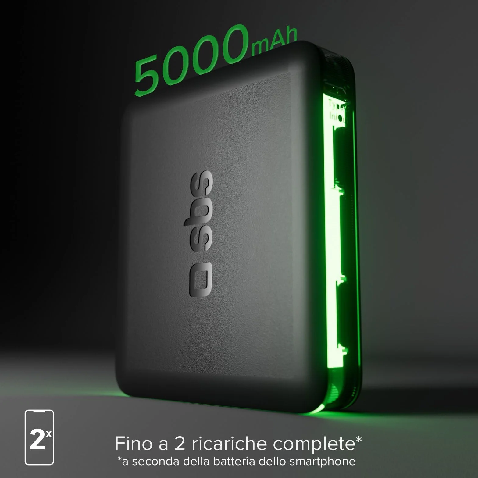 SBS NanoTube PowerBank HD 5000mAh 10W Power Bank Ricarica Rapida USB-C Caricabatterie Portatile Nero
