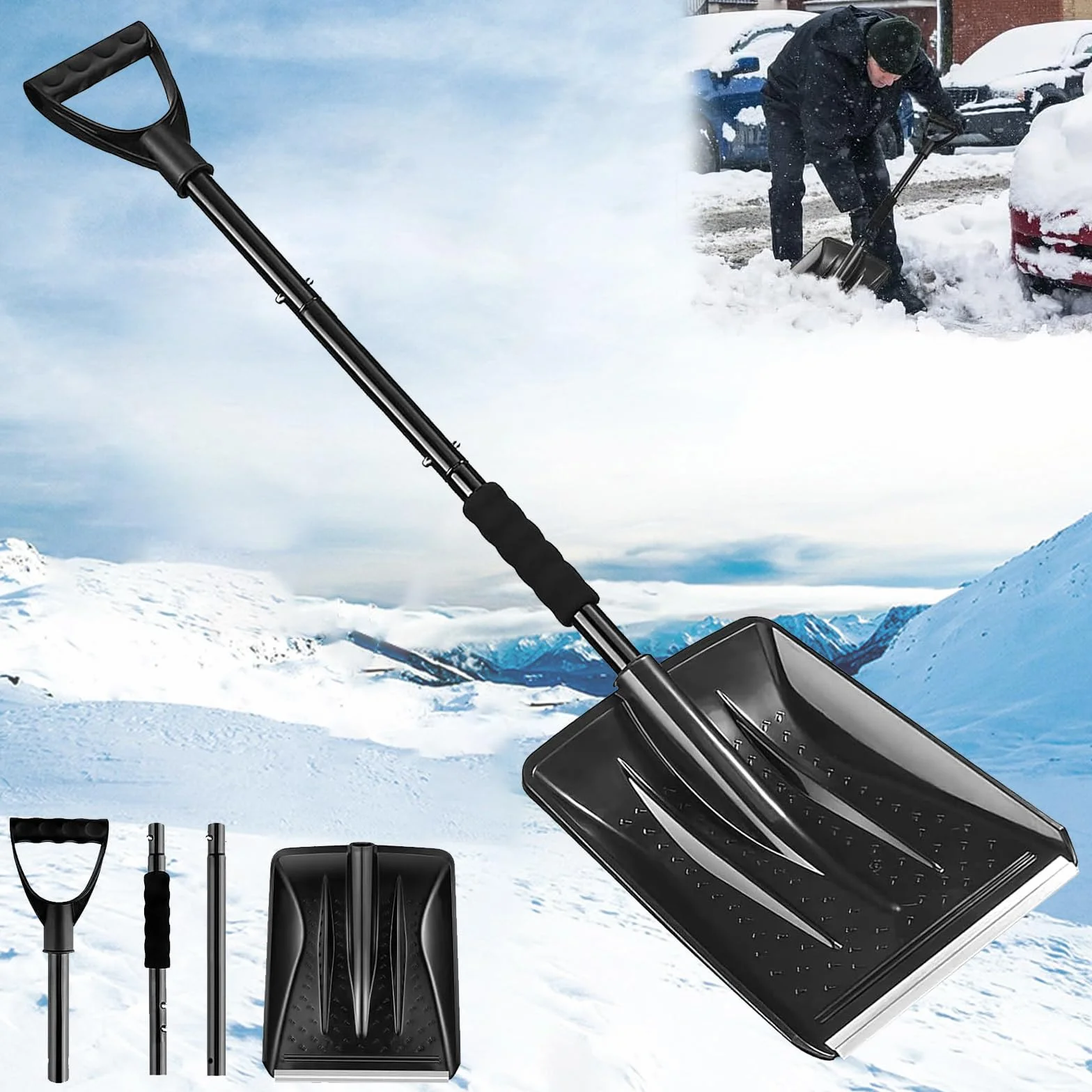Pala Neve Portatile con Impugnatura Ergonomica a D, Per Giardinaggio Inverno Auto Campeggio all'Aperto e Giardino