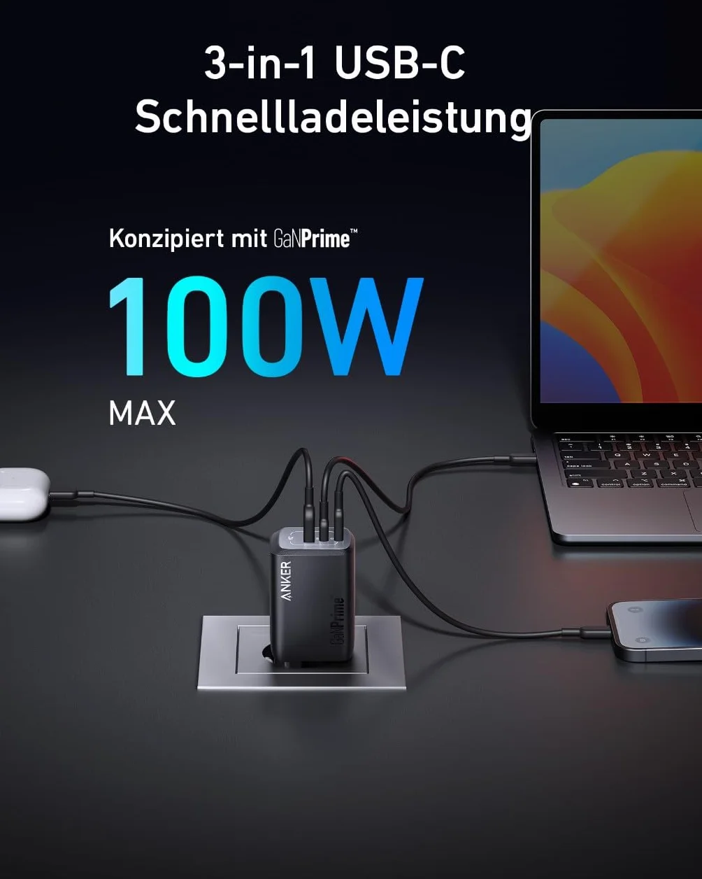 Anker Caricatore USB C 100W GaNPrime da parete, caricabatterie compatto pieghevole 3 porte per MacBook Pro/Air, iPad Pro, iPhone 16/15, Galaxy S23/S22, Note20, Pixel