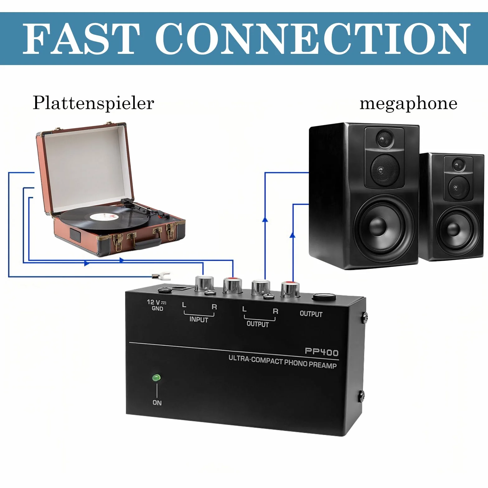 Preamplificatore Phono MM, Ingresso e Uscita RCA, Alimentazione DC 12V