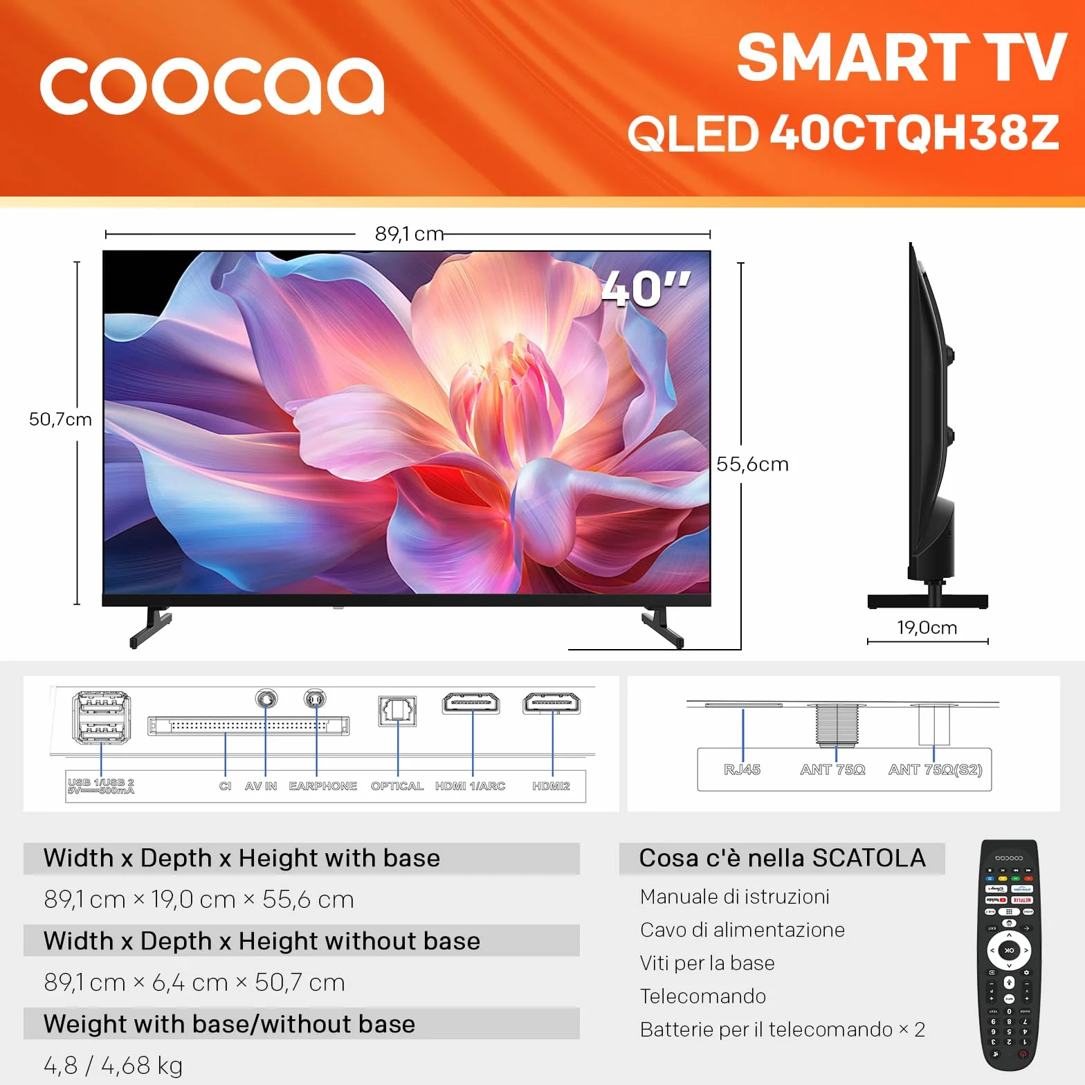 Coocaa 40 Pollici Smart TV QLED Full HD HDR 10 Dolby Audio 1.5GB RAM DVB-T/T2/C/S/S2 CI+ HEVC Main10 40CTQH38Z