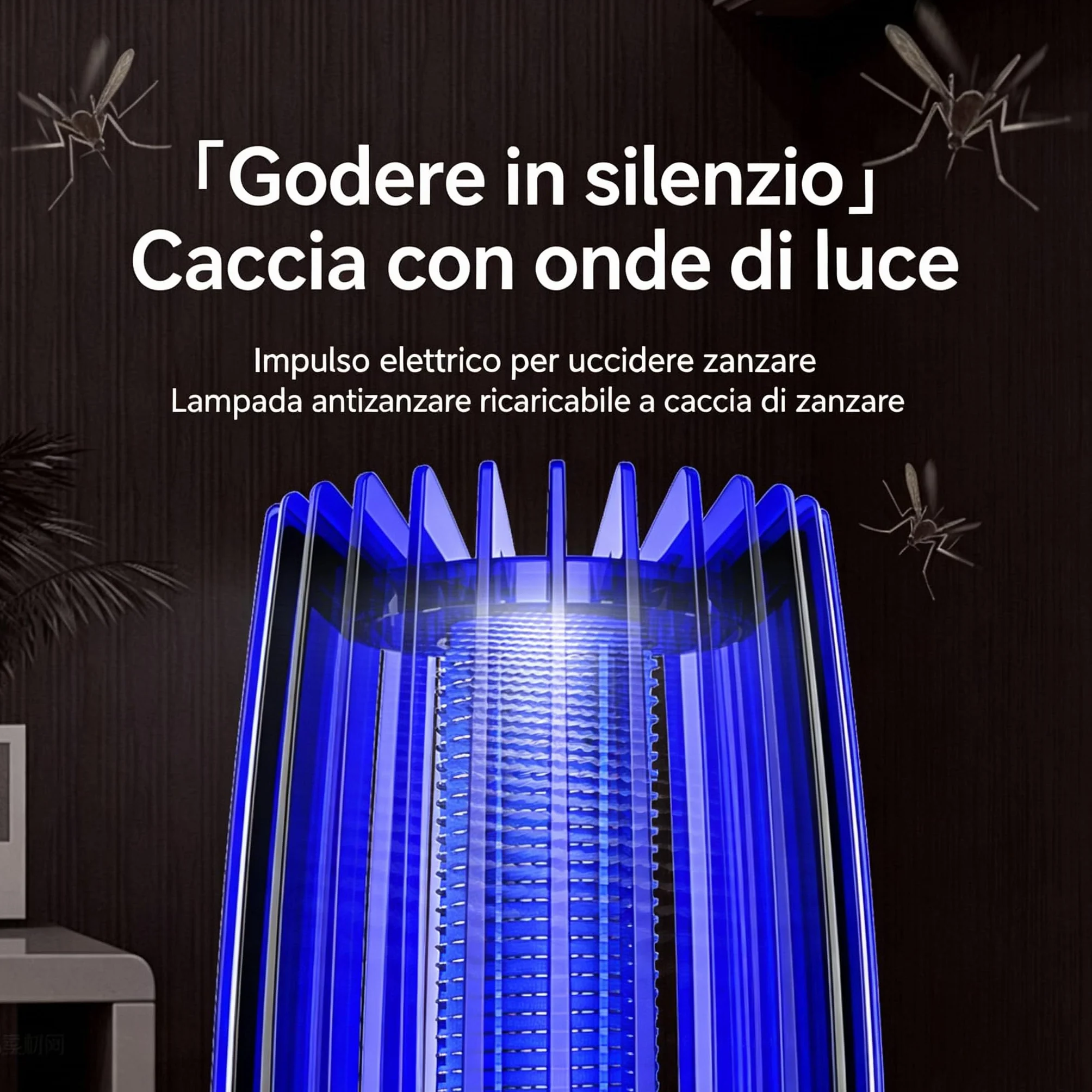 Zanzariera Elettrica 360° UV 365nm, Lampada Antizanzare Ricaricabile 4000mAh USB, Silenziosa <35dB con Luce Notte, Dispositivo Anti-Zanzare Senza Chimici per Interni Esterni