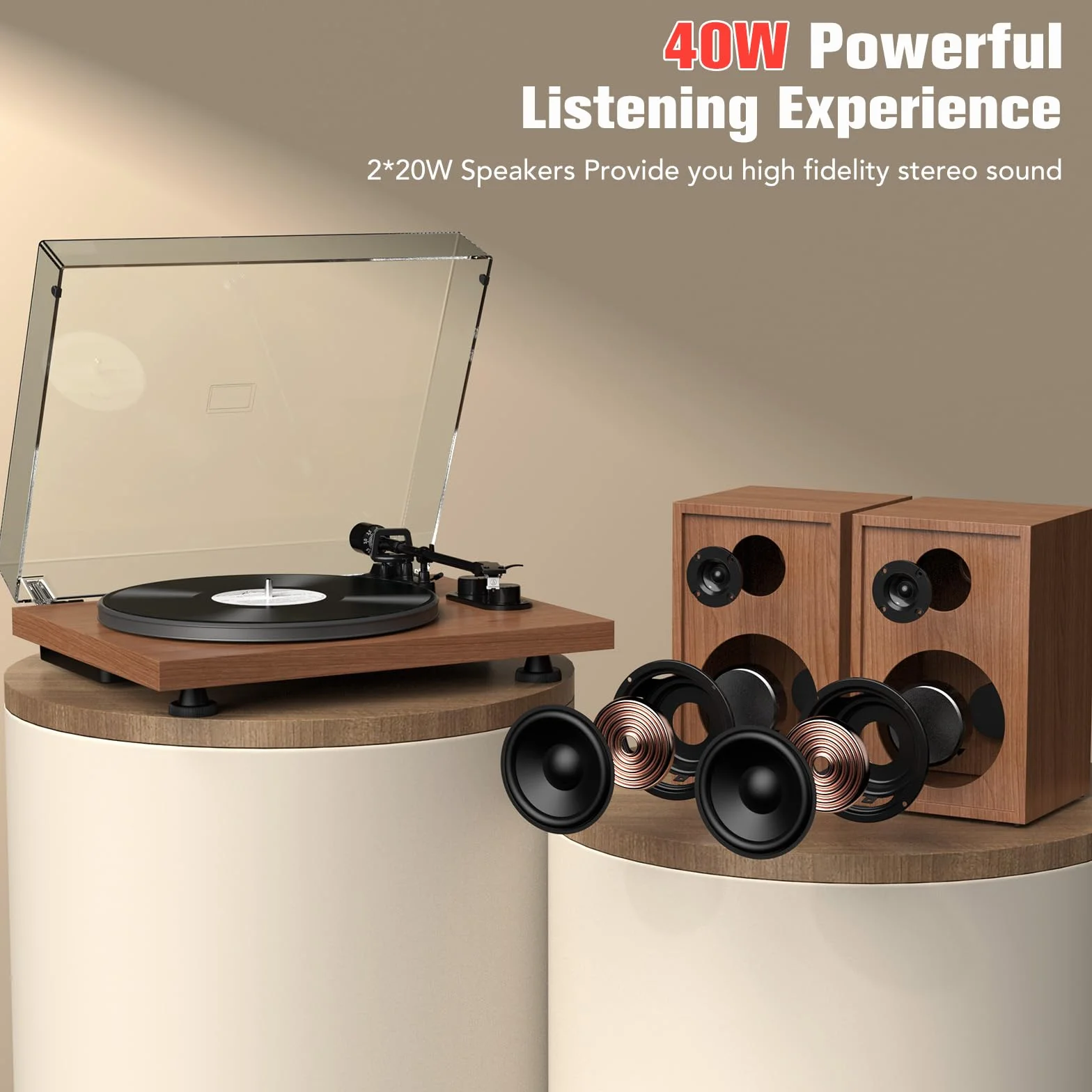 Udreamer Giradischi Sistema Hi-Fi 40 W Lettori Vinile Bluetooth Piatto Alluminio Trasmissione Cinghia 2 Velocità AT-3600L Marrone