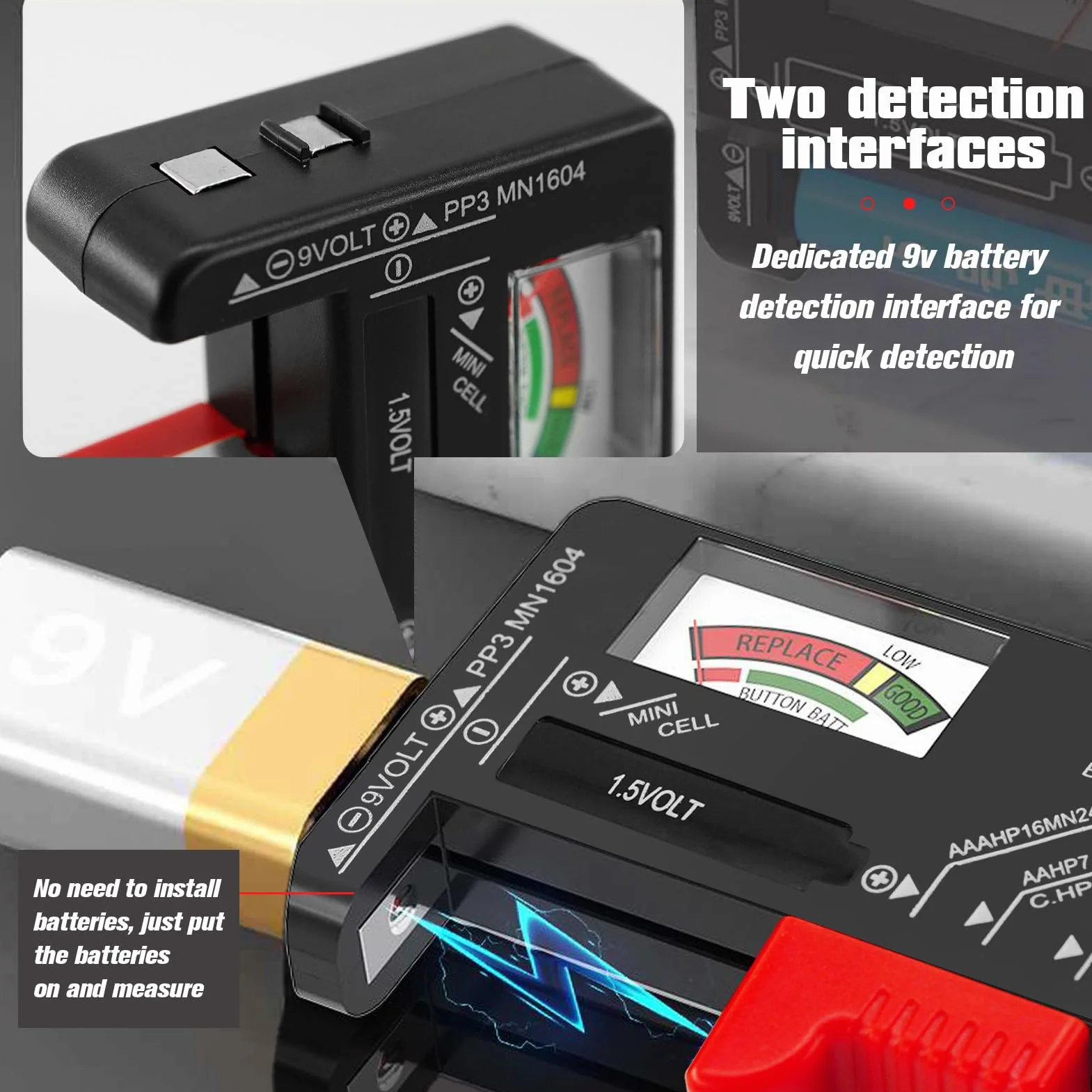 Set di 2 Tester Batteria Universale per Batterie AA AAA C D 9V 1.5V e a Bottone Nero