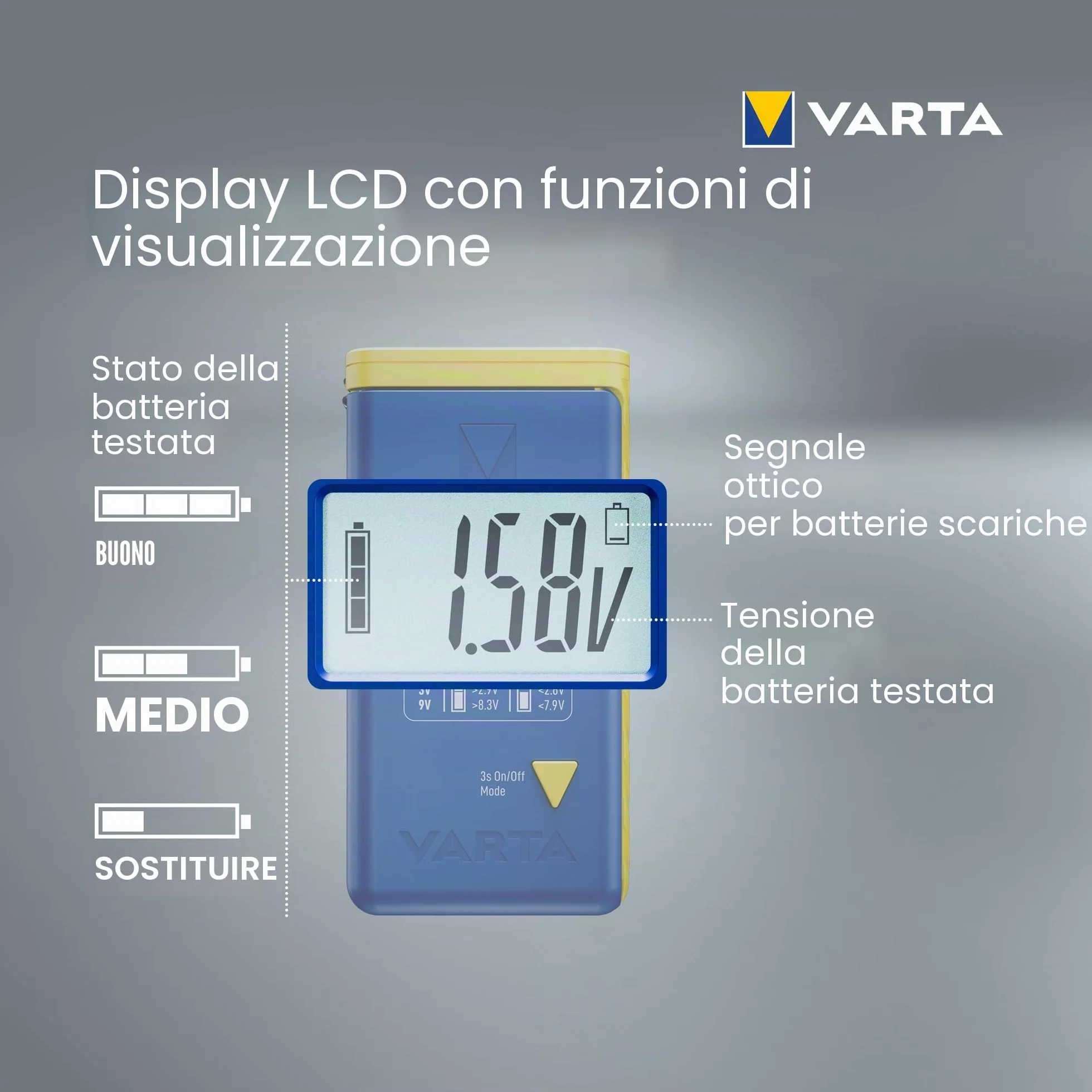 VARTA Tester Batterie LCD digitale per batterie AA AAA C D 9V LR44