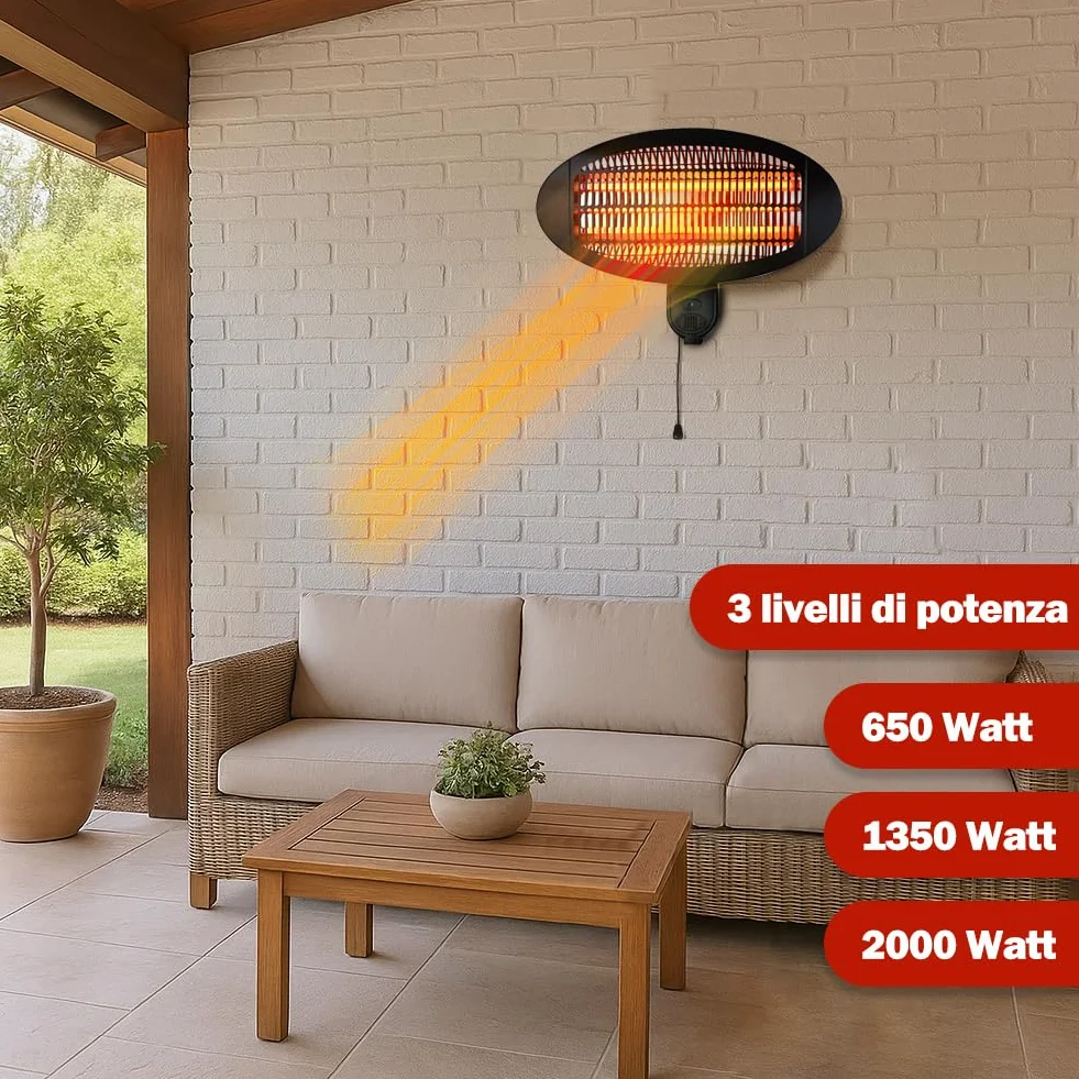 Stufa a Parete da Esterno e Interno 2000W con 3 Elementi Riscaldanti Basso Consumo Energetico per Patio Gazebo Bar Ristoranti Lampada Infrarossi Quarzo