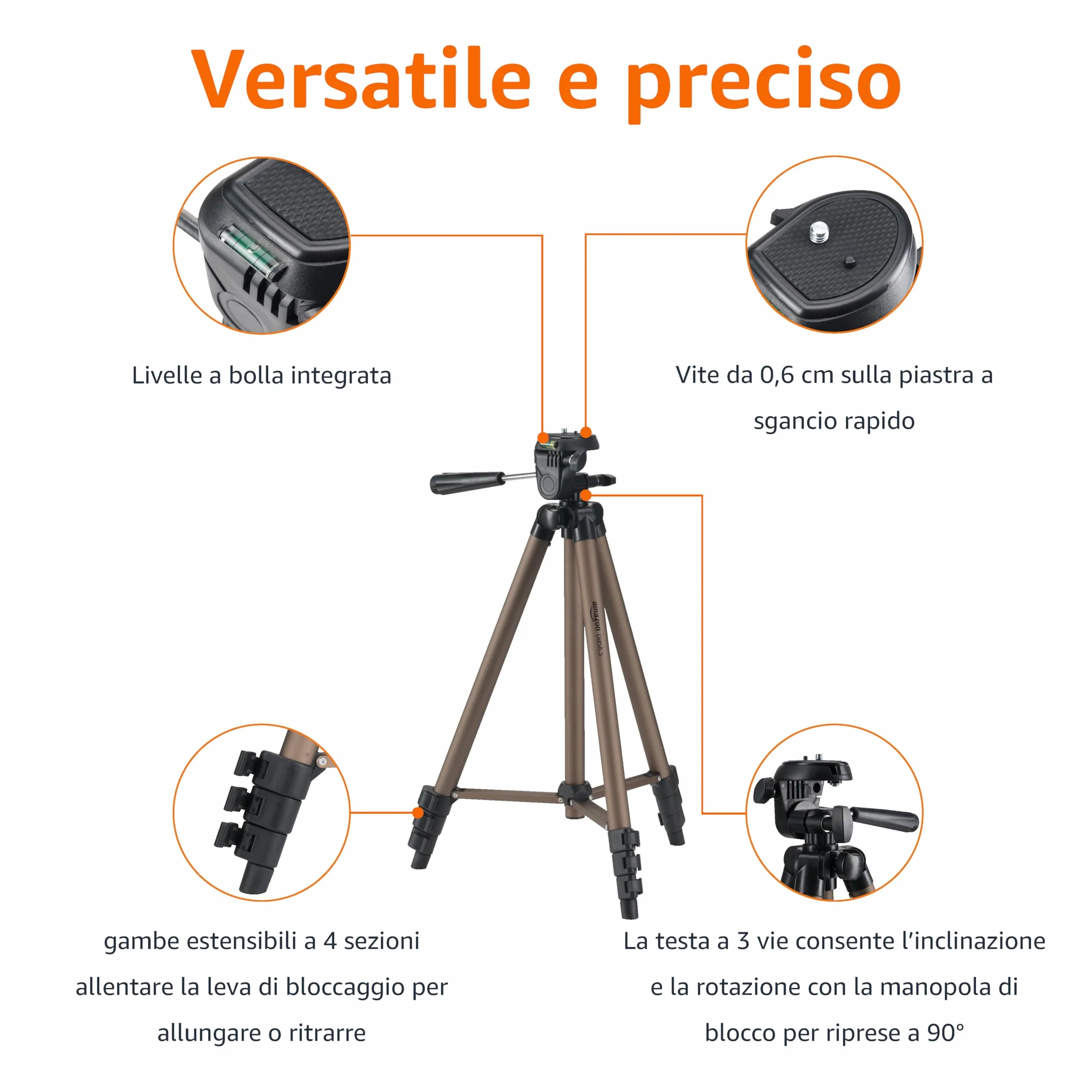 Amazon Basics Treppiede per Fotocamera 127cm, Leggero, con Borsa, per DSLR, Champagne