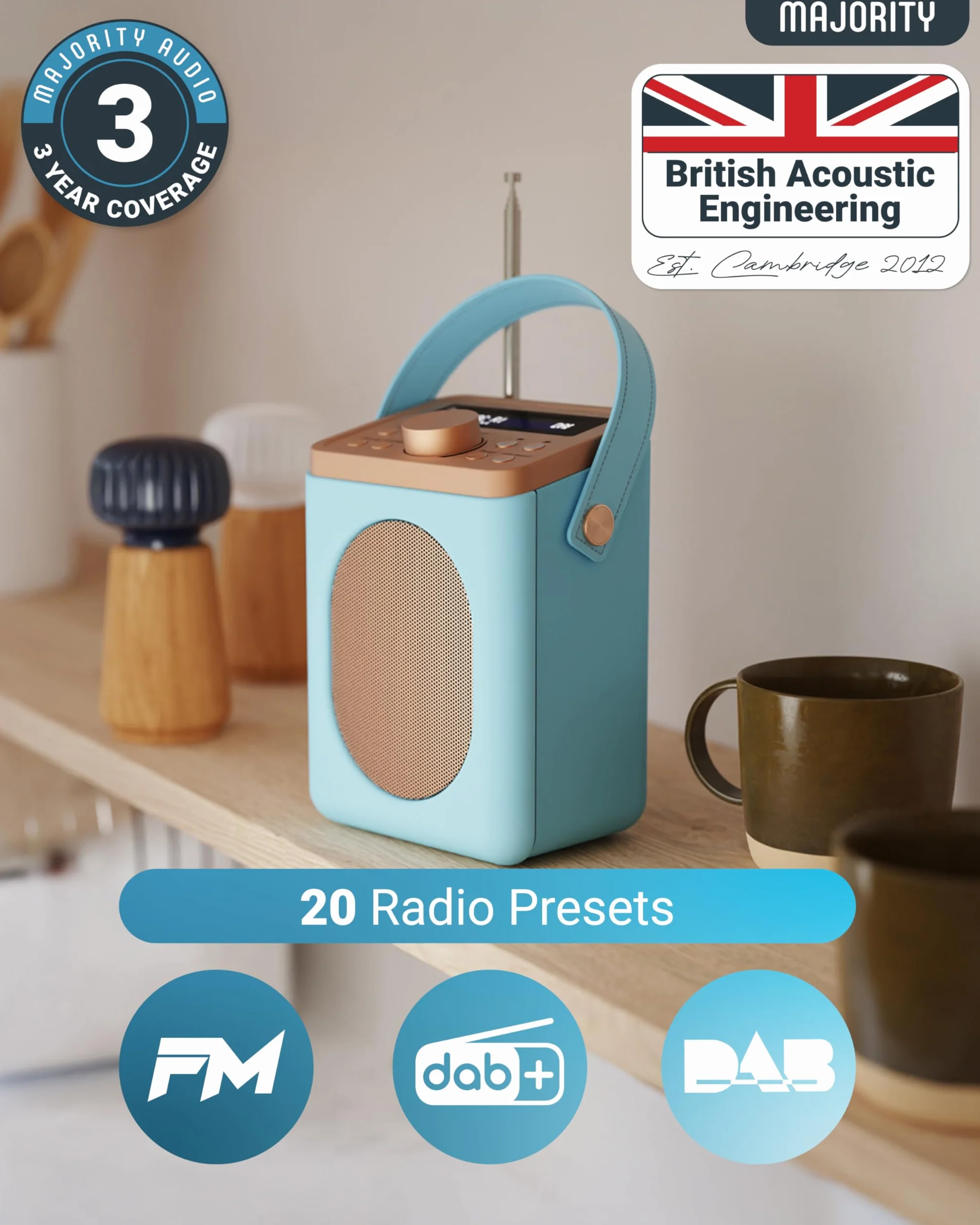 Majority Little Shelford Radio DAB+ DAB FM Bluetooth Portatile Alimentata a Batteria Doppio Allarme Blu
