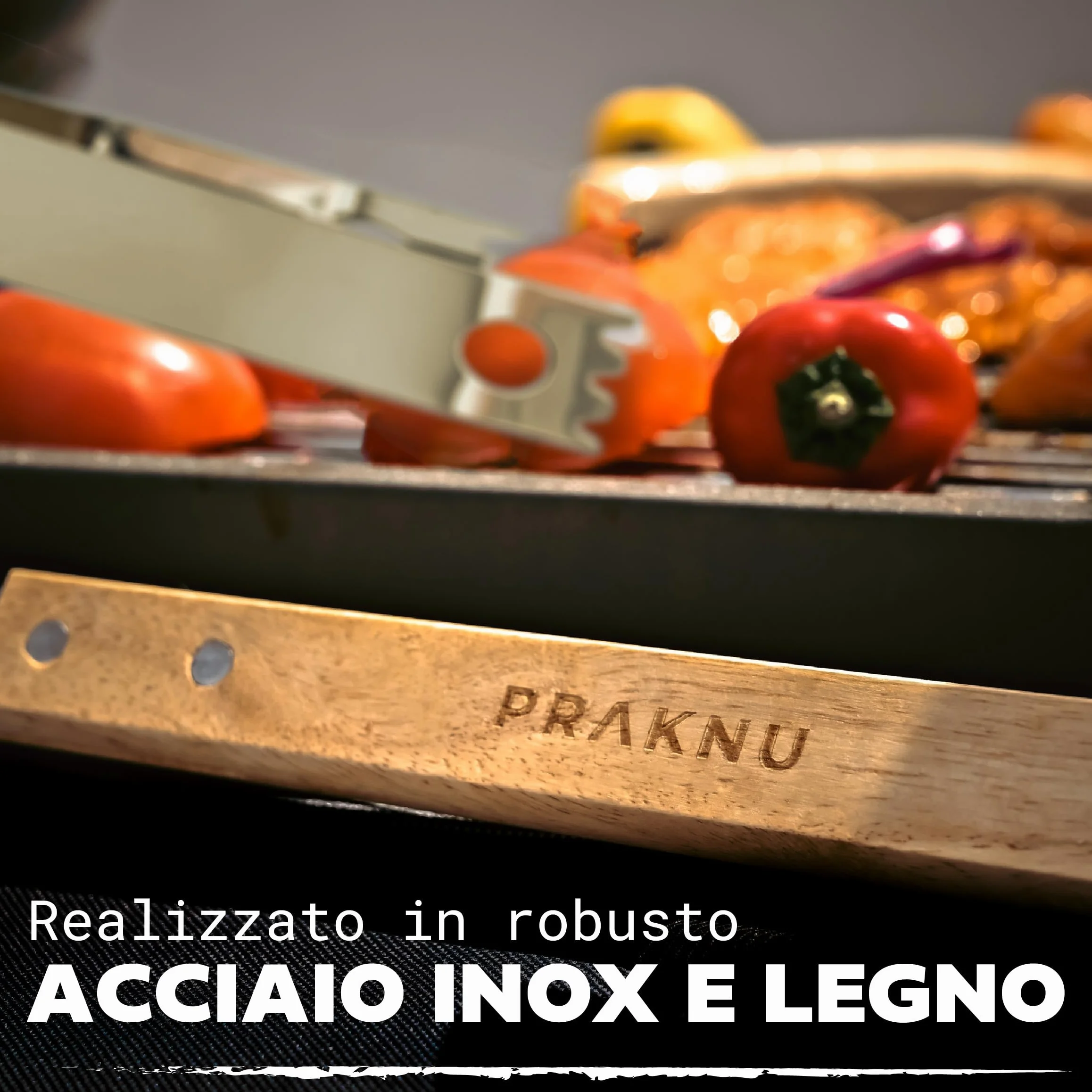Praknu Set di Utensili da Barbecue 𝗲𝘀𝘀𝗲𝗻𝘇𝗶𝗮𝗹𝗶 in Acciaio e Legno - 4 pezzi - Resistente al calore e antiruggine - Con pratica borsa per il trasporto