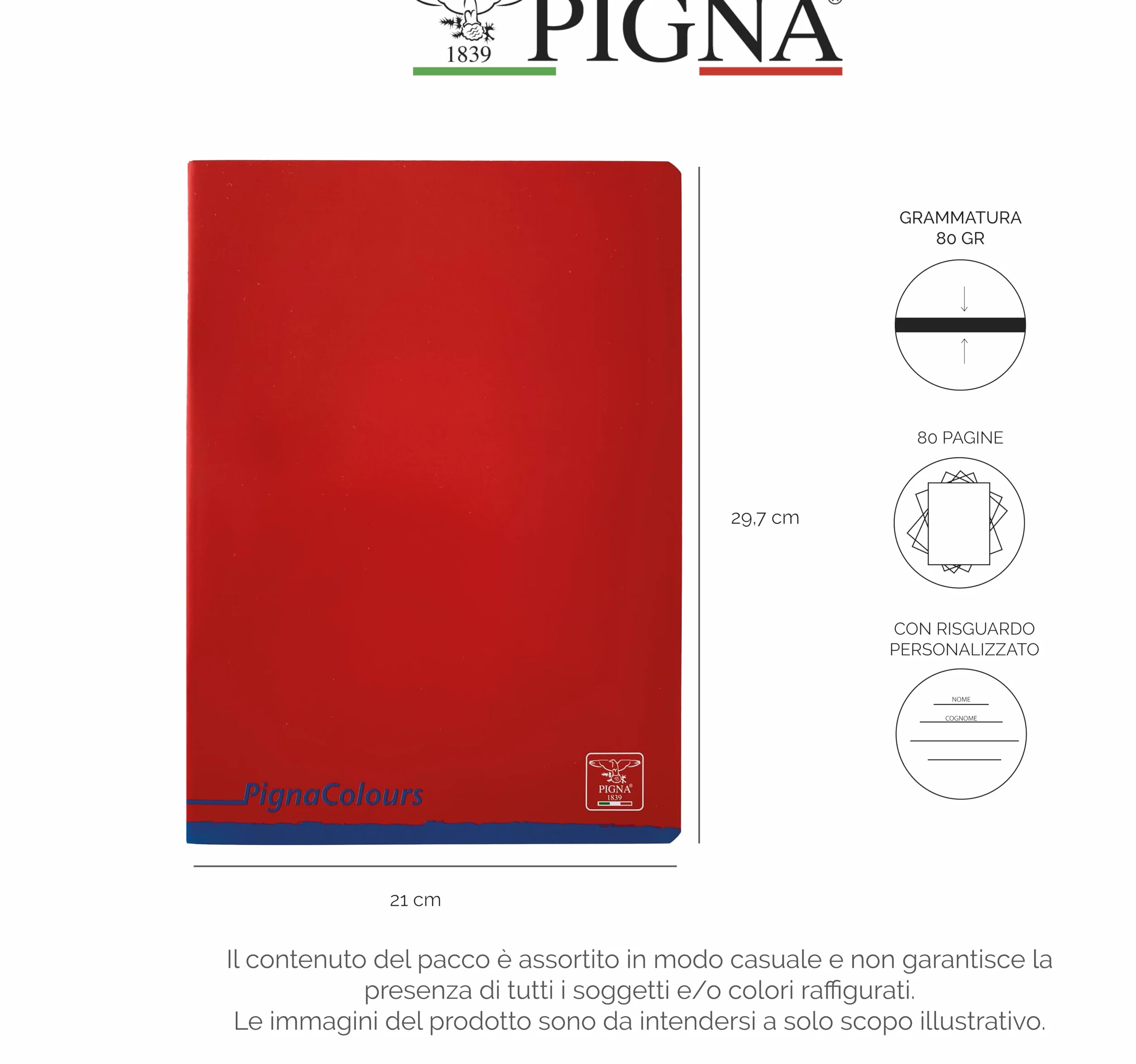 Pigna Colours Quaderno A4 Rigatura 0Q Quadretti 5 mm Margine Carta 80G/Mq Pacco da 10 Pezzi