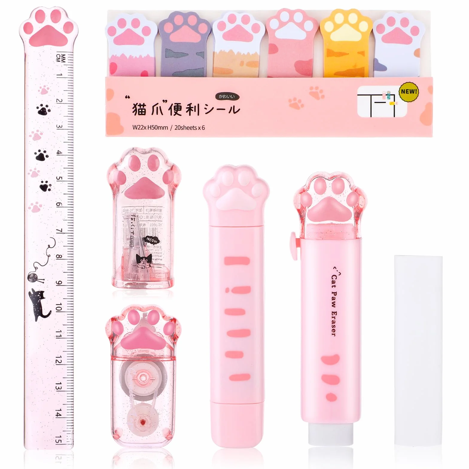TIESOME Zestaw artykułów biurowych w kształcie łapy kota, 7 sztuk, Kawaii, temperówka, gumka, taśma korekcyjna, karteczki samoprzylepne, linijka, wkład