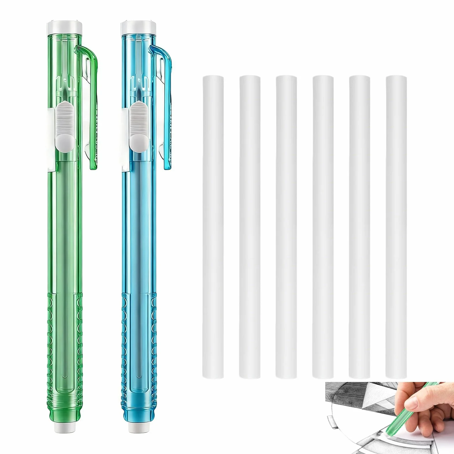 Gomme meccaniche retrattili set 2 con 6 ricariche penne precisione disegni scritture schizzi cancellabili blu verde
