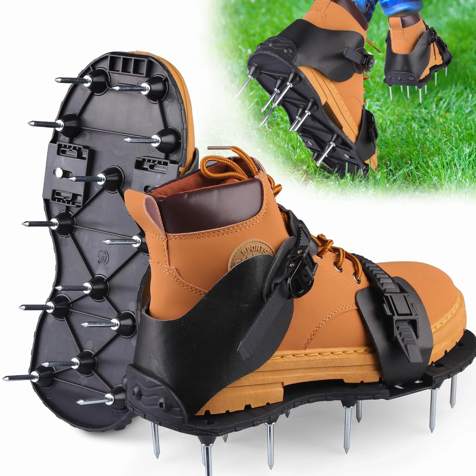Scarpe Aeratore Professionale con Solette a Chiodi in Acciaio - Sandali regolabili in Pelle PU Antiscivolo per Aerazione del Suolo, Giardinaggio Famiglia e Cura dei Prati