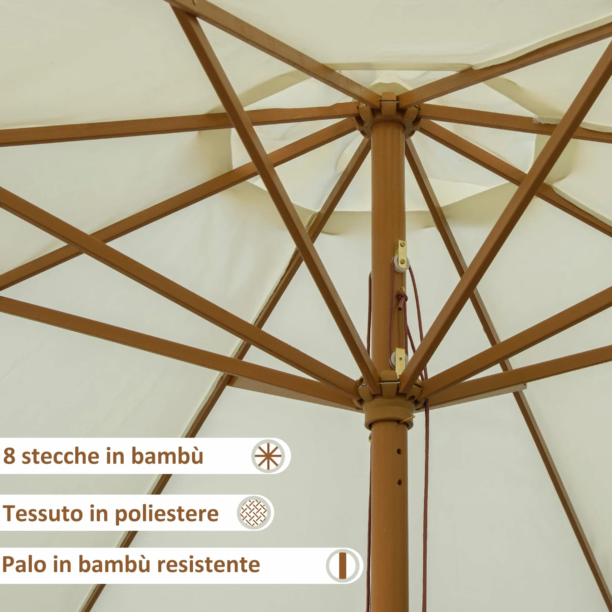 Outsunny Ombrellone da Giardino Ø3.25m con Corde, Apertura Regolabile e Prese d'Aria, Ombrellone da Esterno con 8 Stecche in Legno, Bambù e Poliestere 180g/㎡, per Cortile, Terrazza e Balcone