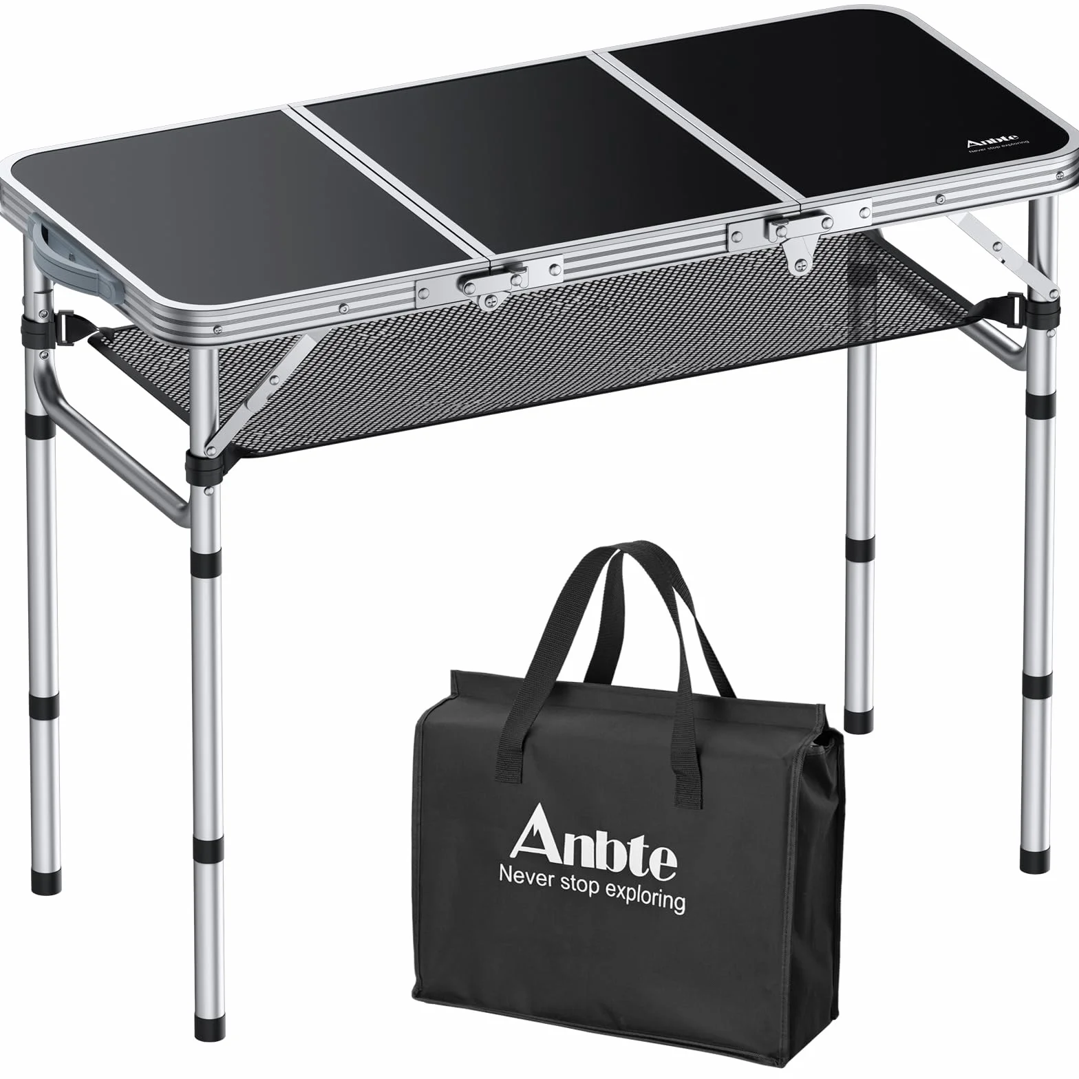 Anbte Tavolo Pieghevole da Giardino Campeggio 88 * 40 * 69cm,Tavolino da Balcone 3 Regolabili in Altezza in Alluminio con Rete da Interno/Picnic/Barbecue/Spiaggia/Truccarsi-Nero