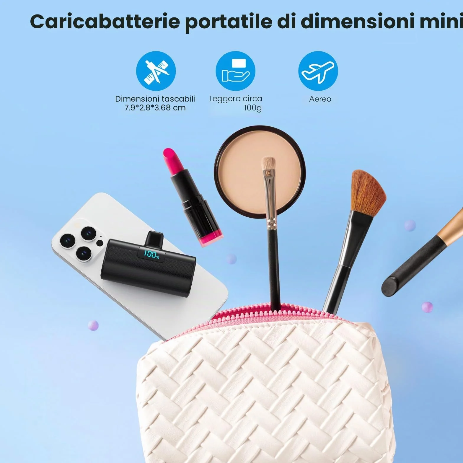 Power Bank 5200mAh USB C PD Caricatore Portatile per iPhone 17/16/15 Android Samsung Galaxy Note Huawei iPad Pro Nero