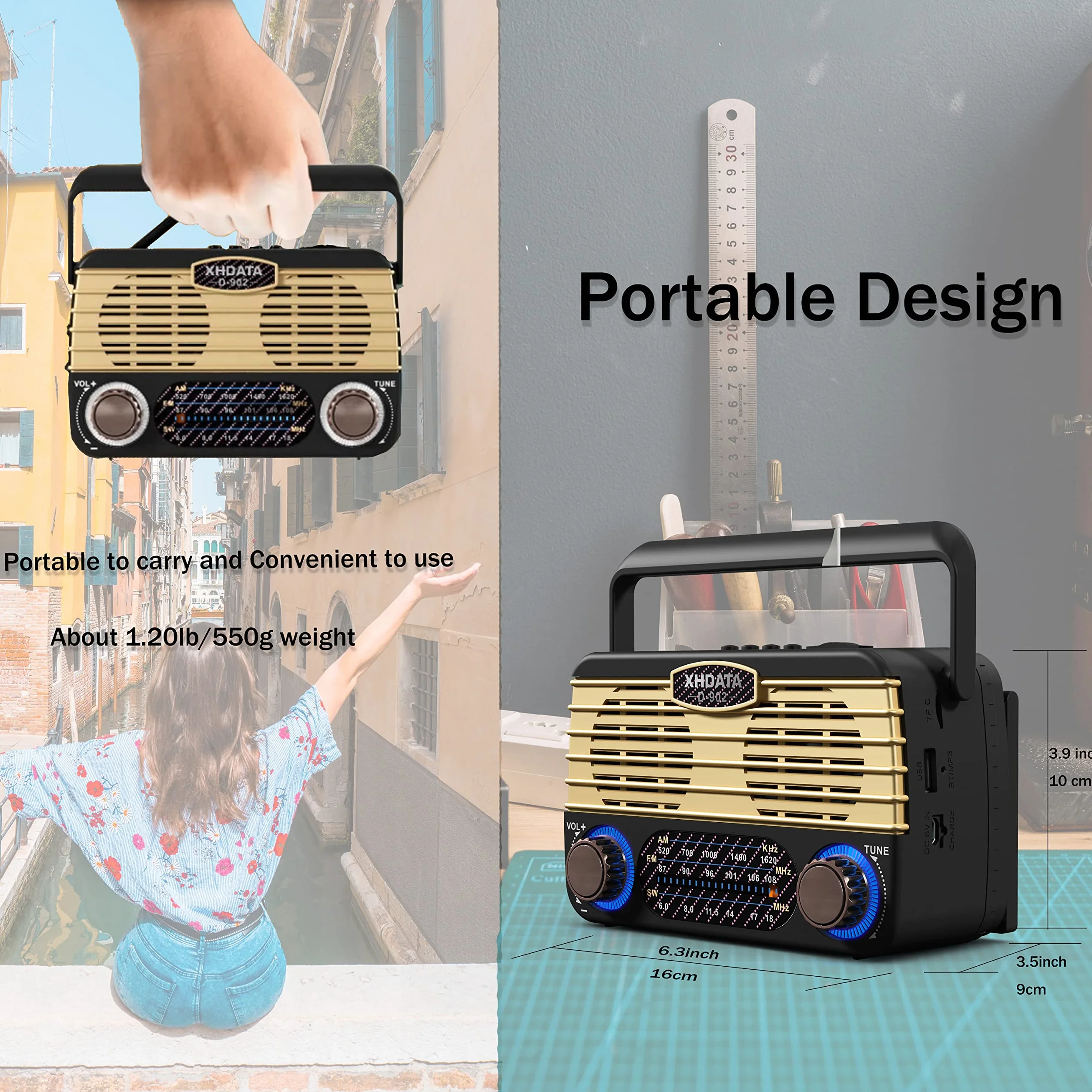 XHDATA D902 Radio Vintage Portatile Ricaricabile FM/AM/SW Tascabile Bluetooth MP3 Player