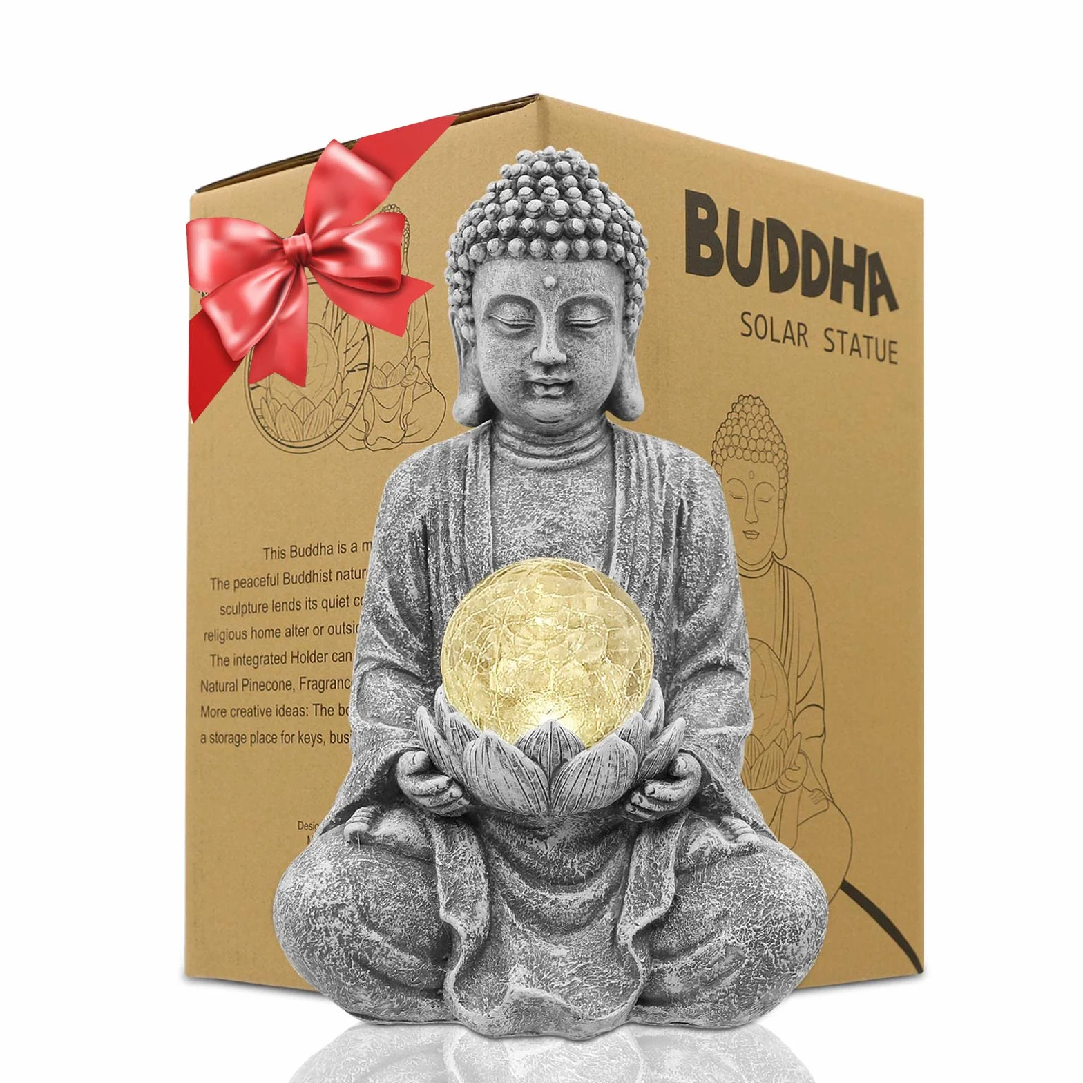 Yeomoo Statuetta di Buddha da meditazione, decorazione da giardino per esterni – Zen Buddha, grande con lampada solare, sfera di vetro, statuette regalo per mamma/donne, decorazione giapponese per