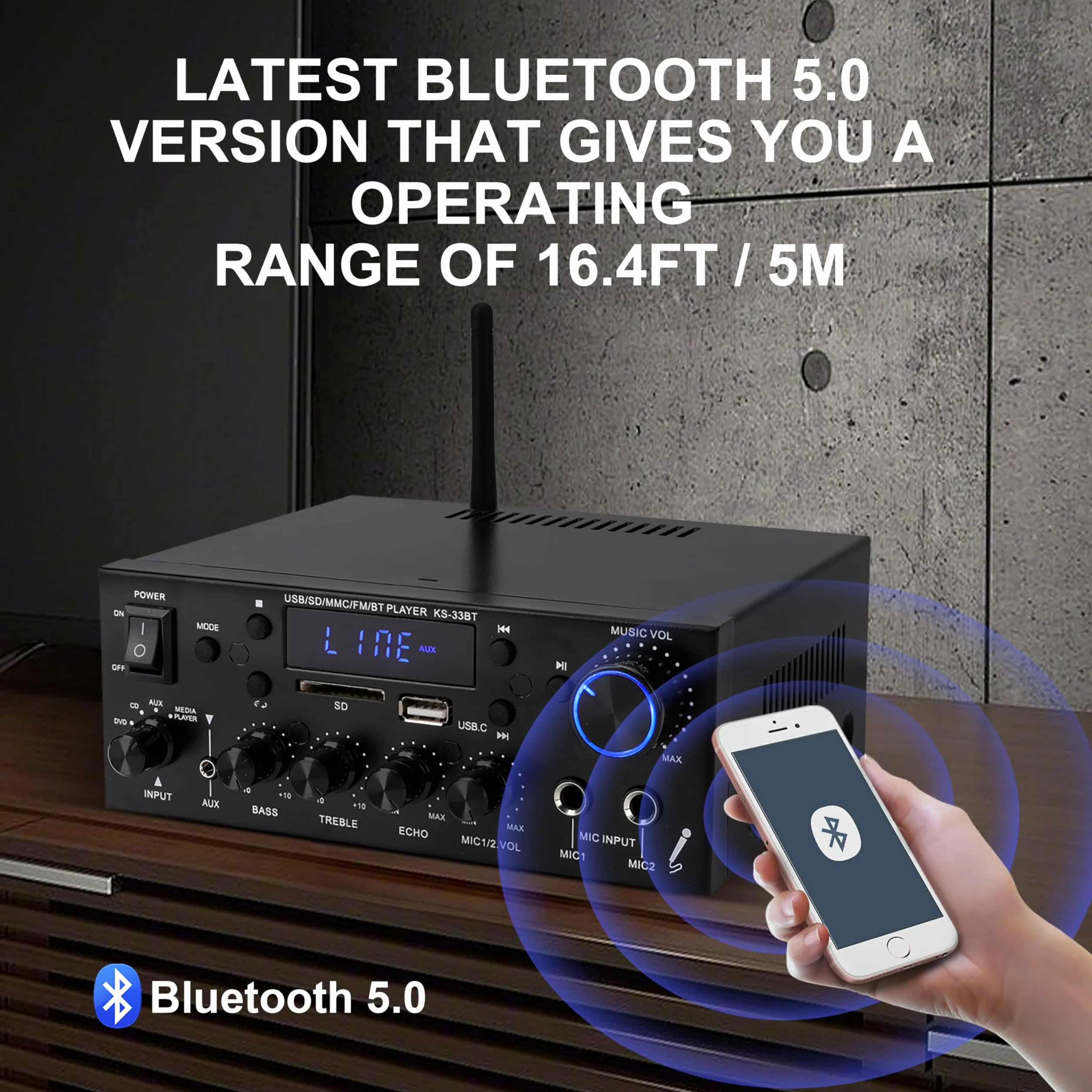 Amplificatore HiFi Audio Stereo BT Portatile 500W+500W 2CH LCD Radio 12V/220V con Telecomando