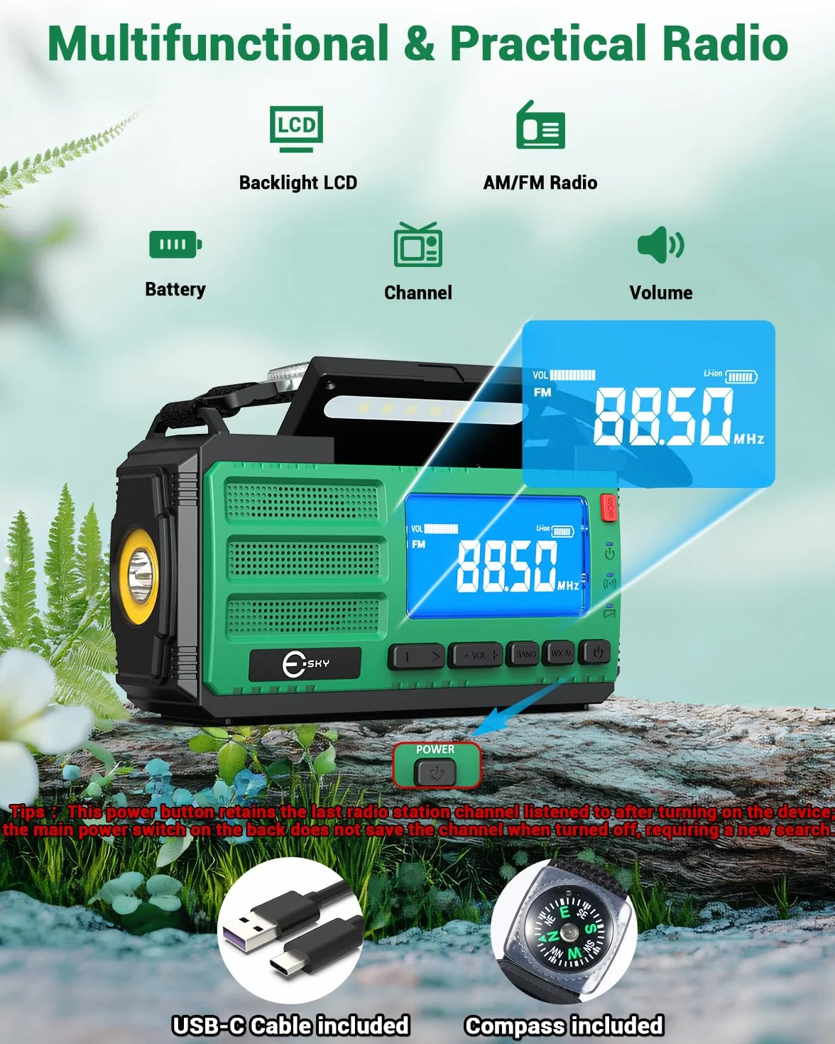 Esky 10000 mAh Radio Manovella AM/FM/NOAA Solare Portatile con Torcia, Bussola, Allarme SOS per Campeggio Emergenza