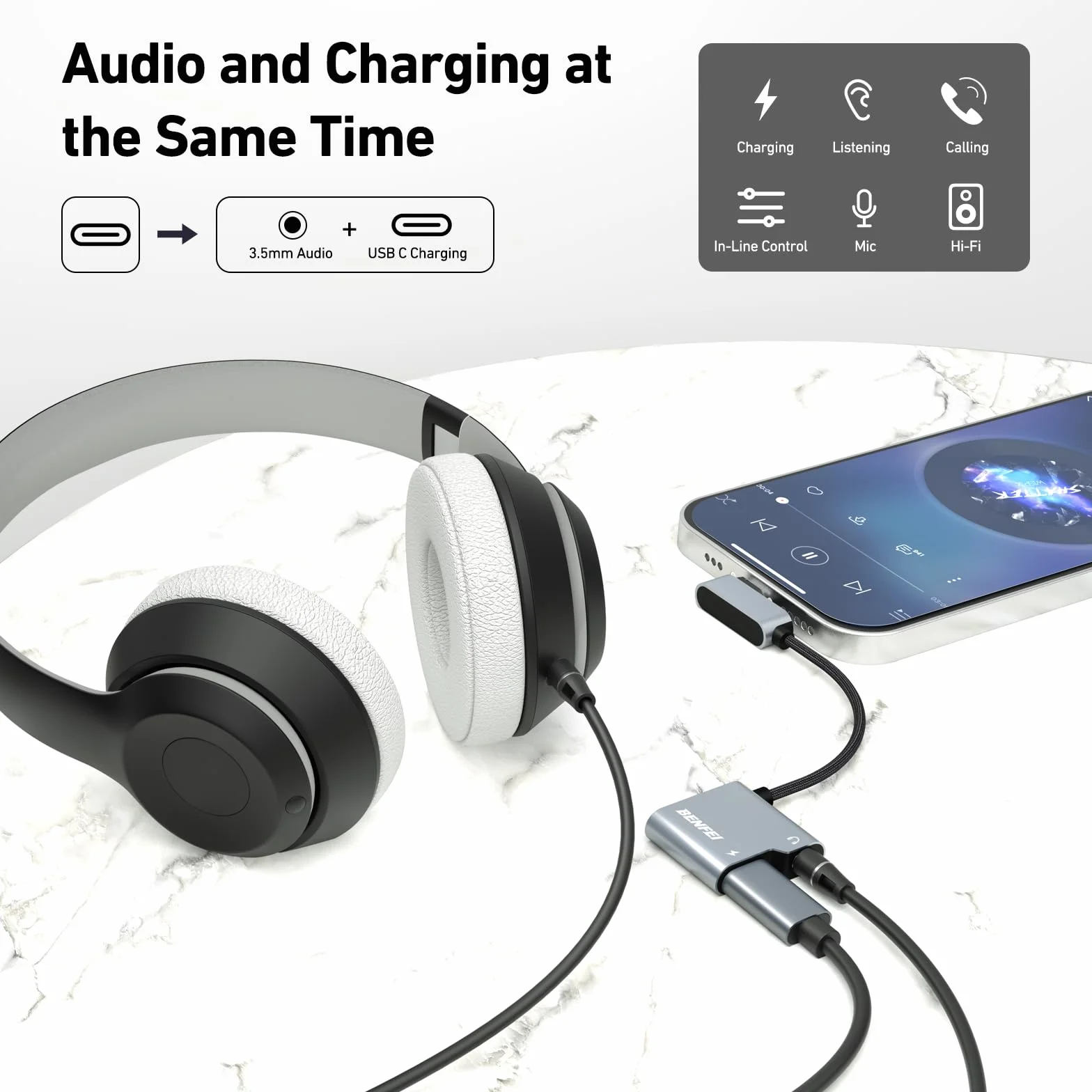 BENFEI Adattatore USB-C a Jack Audio 3,5 mm con Ricarica Rapida 60 W per iPhone 15 Pro Max, Samsung Galaxy S24, iPad Pro