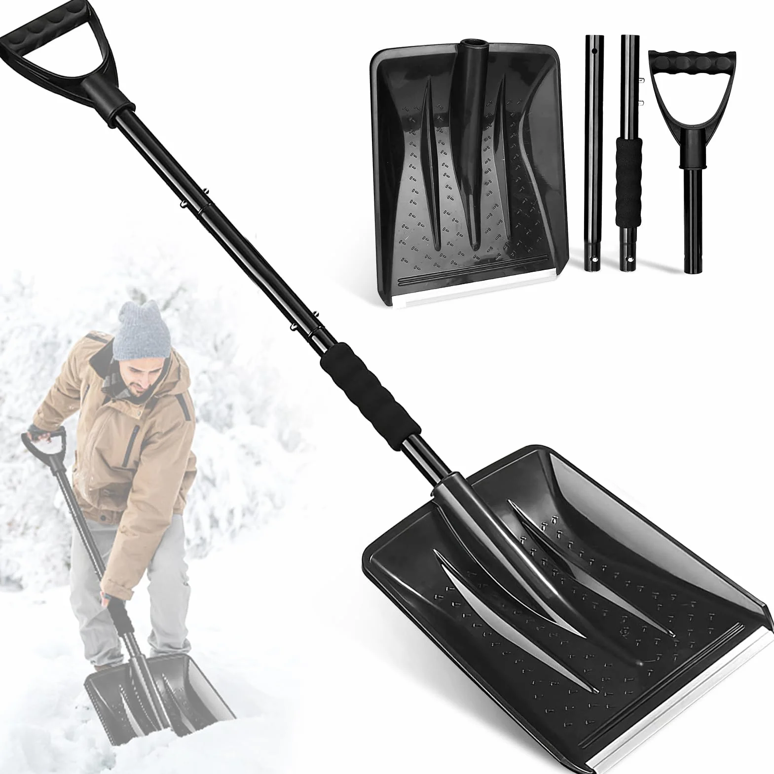 Pala da Neve, 4 Pezzi di Design Staccabile, 108cm Leggera Regolabile Portatile con Grande Capacità Perfetta Pala da Neve per Auto, Giardino, Campeggio e Attività All'aperto