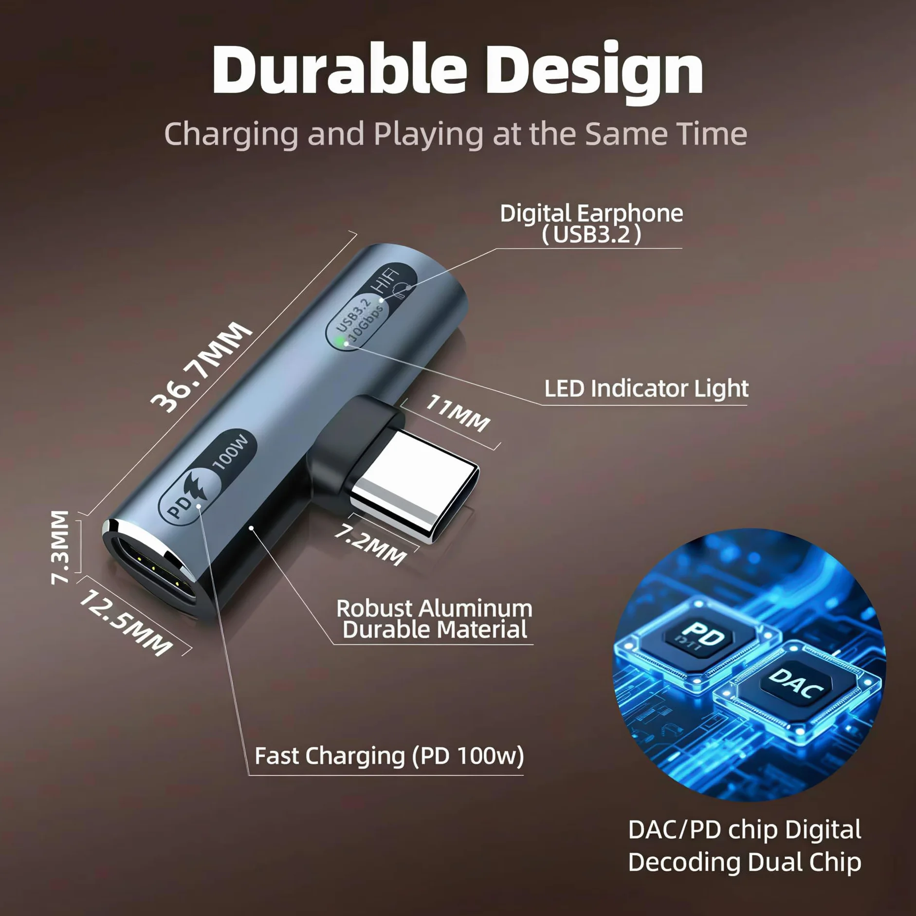 Adattatore USB-C 2 in 1 Audio e Ricarica Rapida 100W per Laptop Tablet Smartphone Grigio