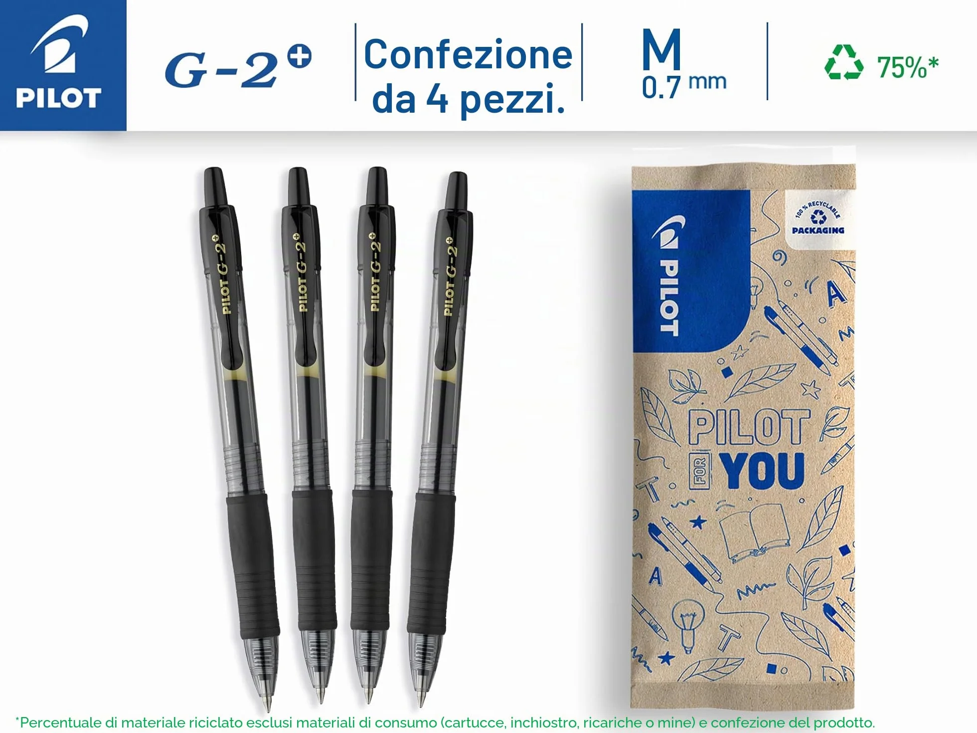 PILOT G2 Plus Set 4 Penne a Sfera Inchiostro Gel Retrattili Ricaricabili Nero Punta Media
