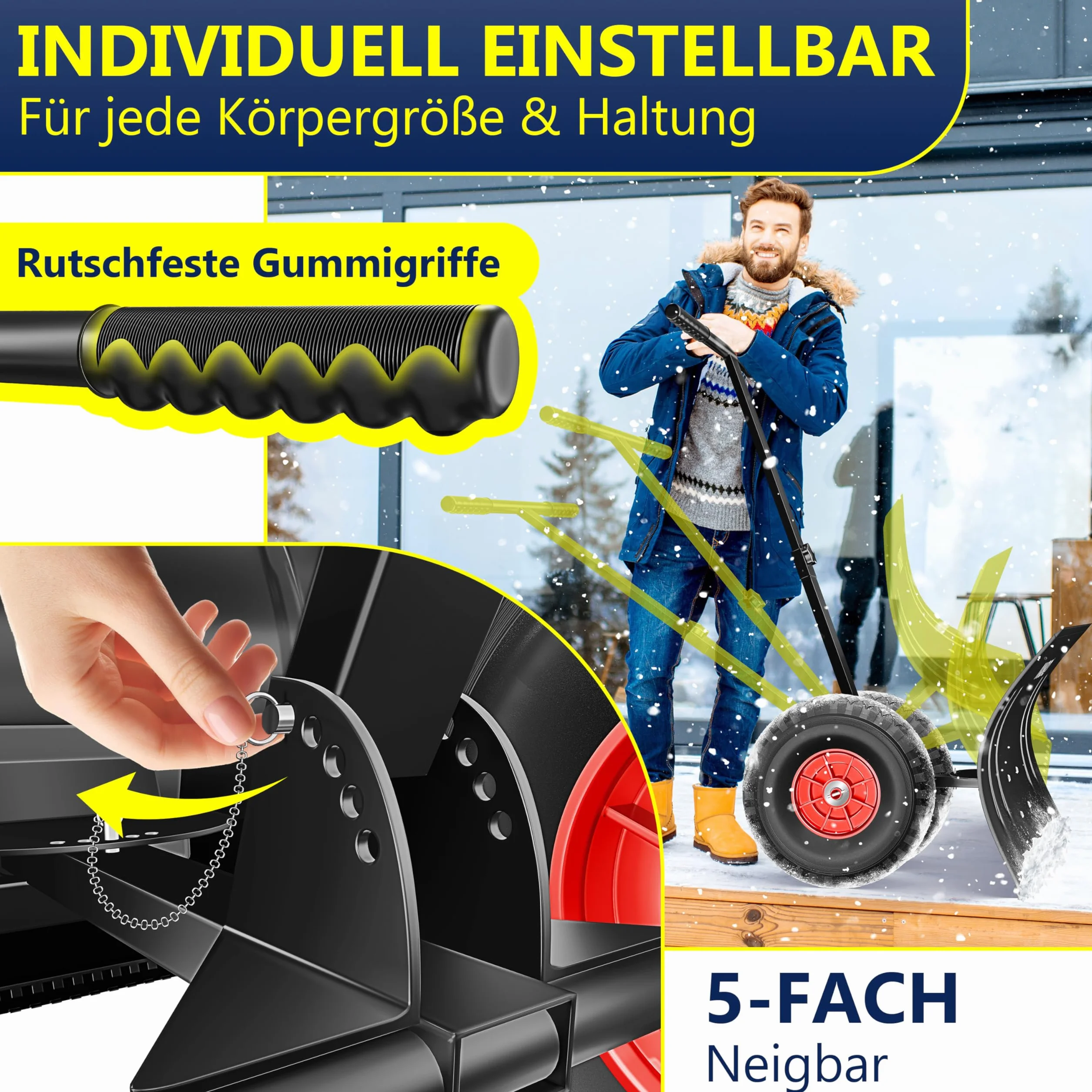 MASKO® Pala da neve su ruote regolabile in altezza – 5 posizioni regolabili in altezza, che non danneggia la schiena, 75 cm, larghezza di lavoro 42 cm